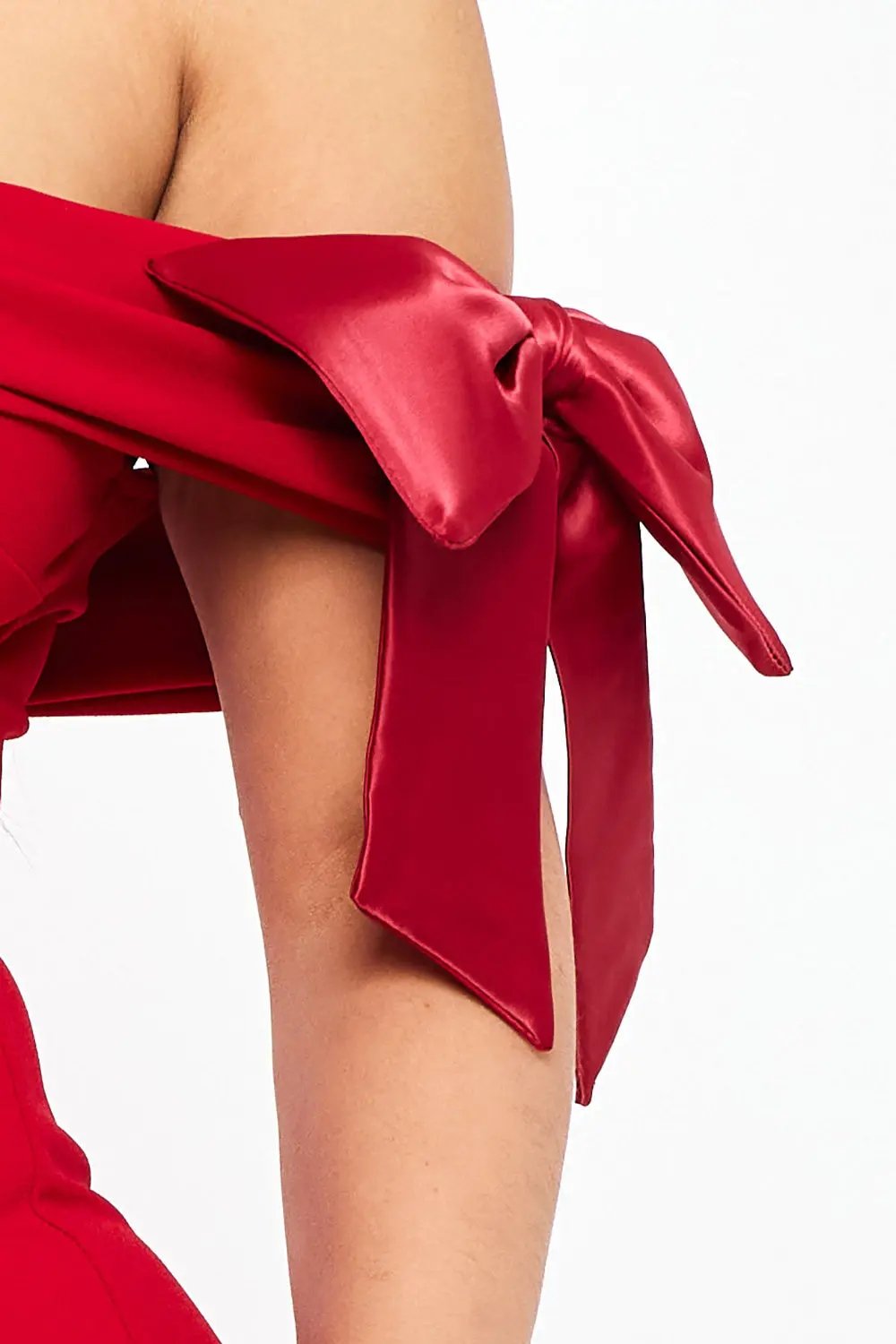 Off Shoulder Mini Dress With Satin Bow Sleeve Detail - Pleated Formal Occasion Wear BOUTINIE