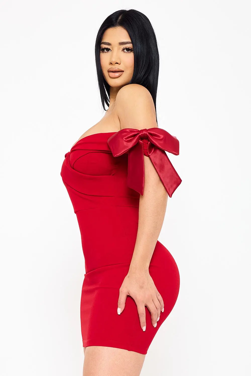 Off Shoulder Mini Dress With Satin Bow Sleeve Detail - Pleated Formal Occasion Wear BOUTINIE