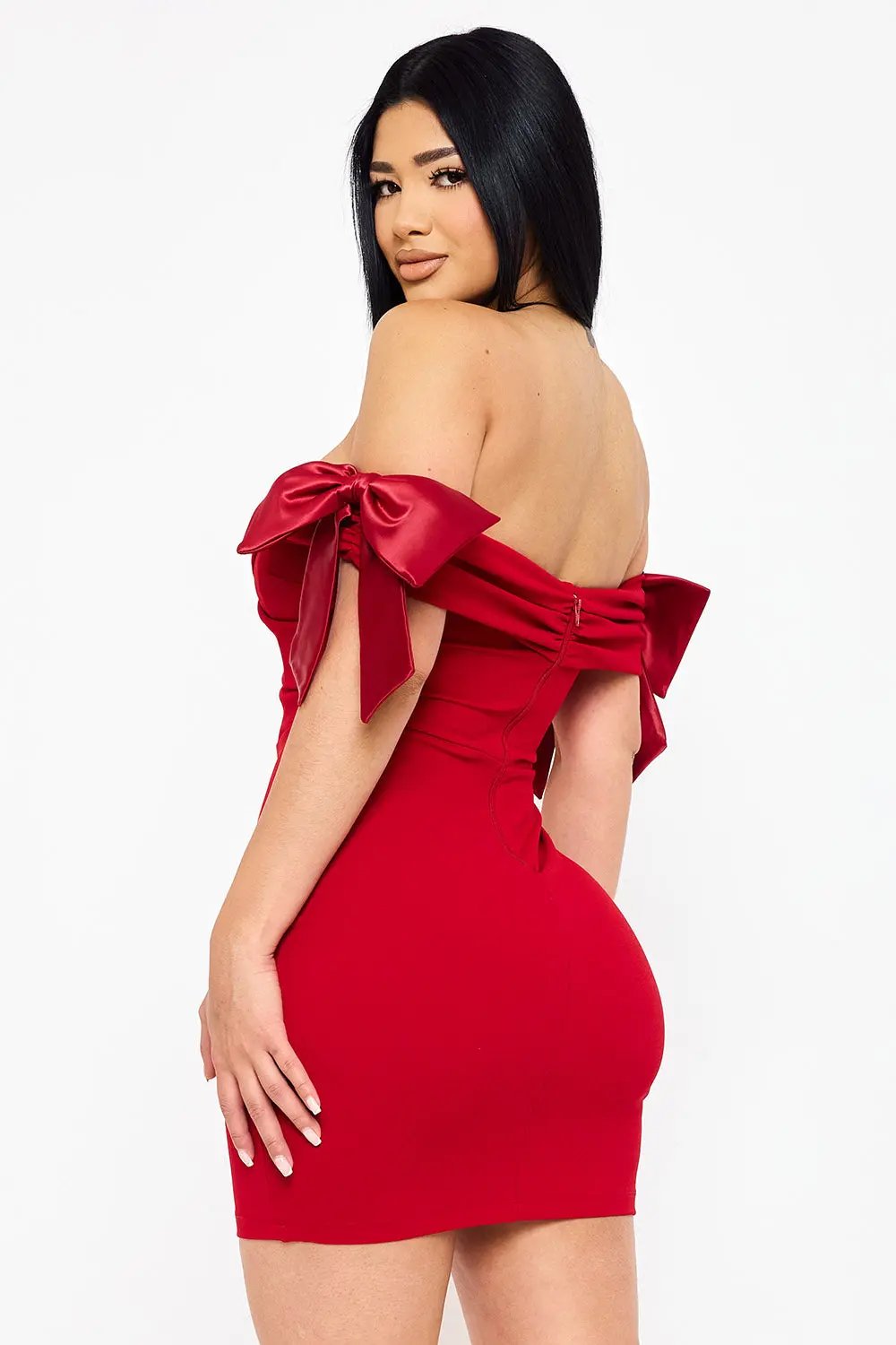 Off Shoulder Mini Dress With Satin Bow Sleeve Detail - Pleated Formal Occasion Wear BOUTINIE