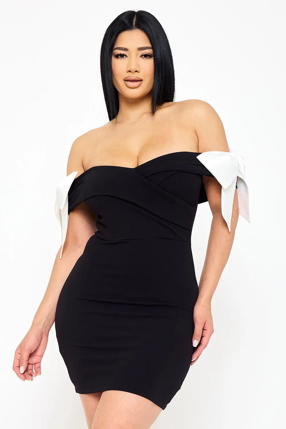 Off Shoulder Mini Dress With Satin Bow Sleeve Detail - Pleated Formal Occasion Wear BOUTINIE
