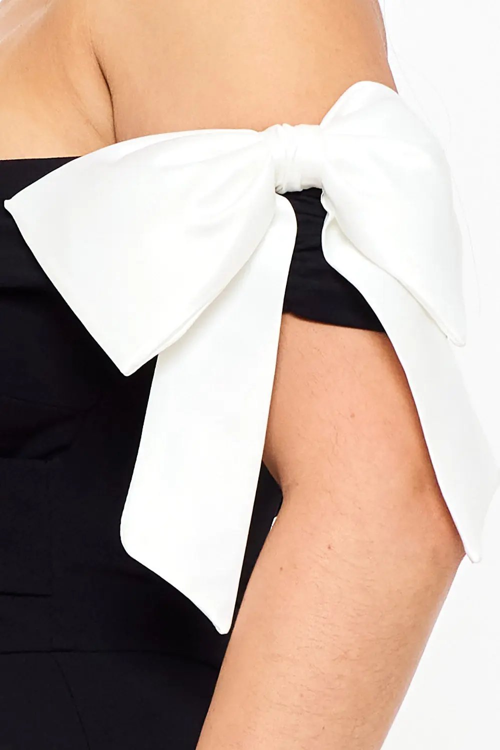 Off Shoulder Mini Dress With Satin Bow Sleeve Detail - Pleated Formal Occasion Wear BOUTINIE