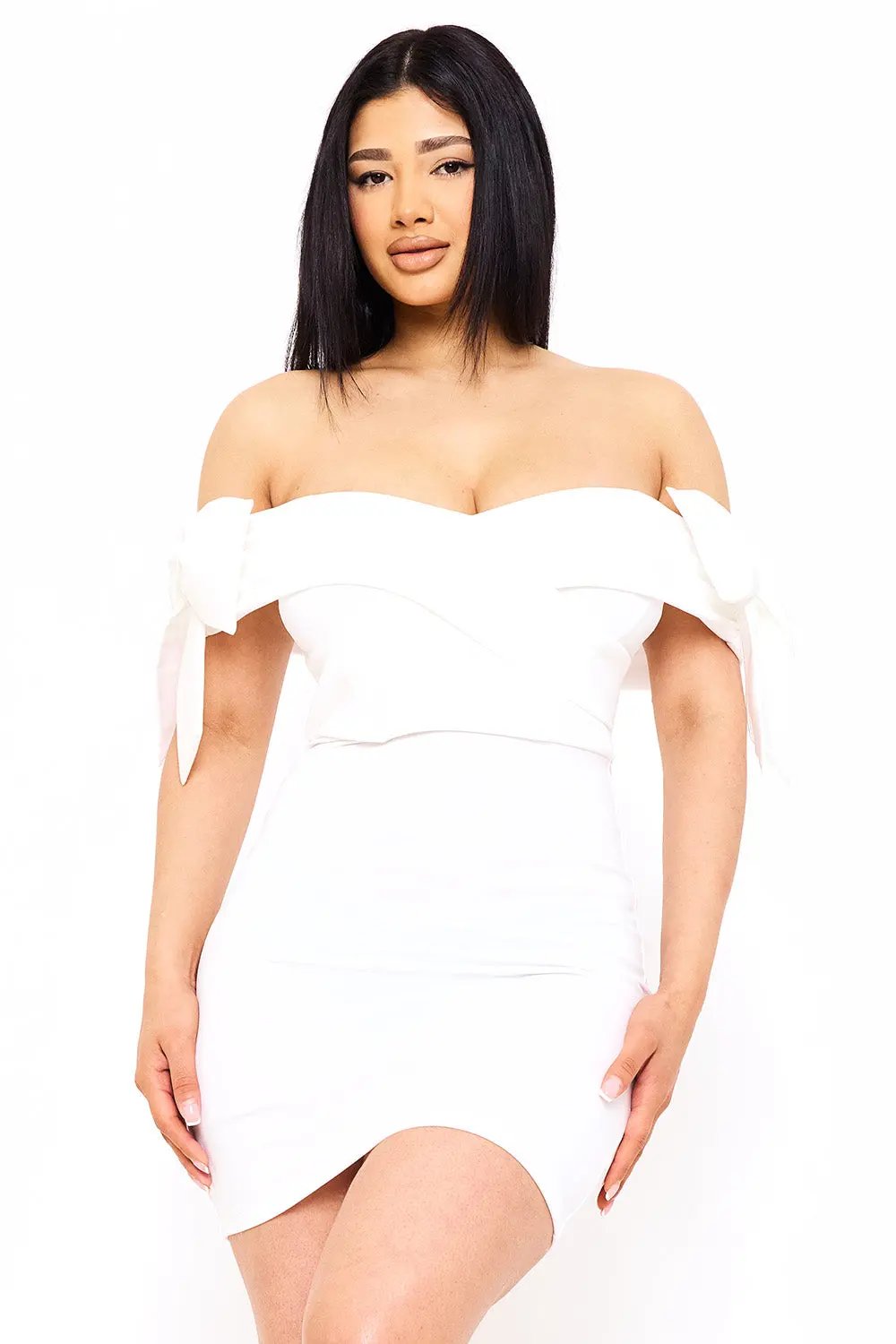 Off Shoulder Mini Dress With Satin Bow Sleeve Detail - Pleated Formal Occasion Wear BOUTINIE