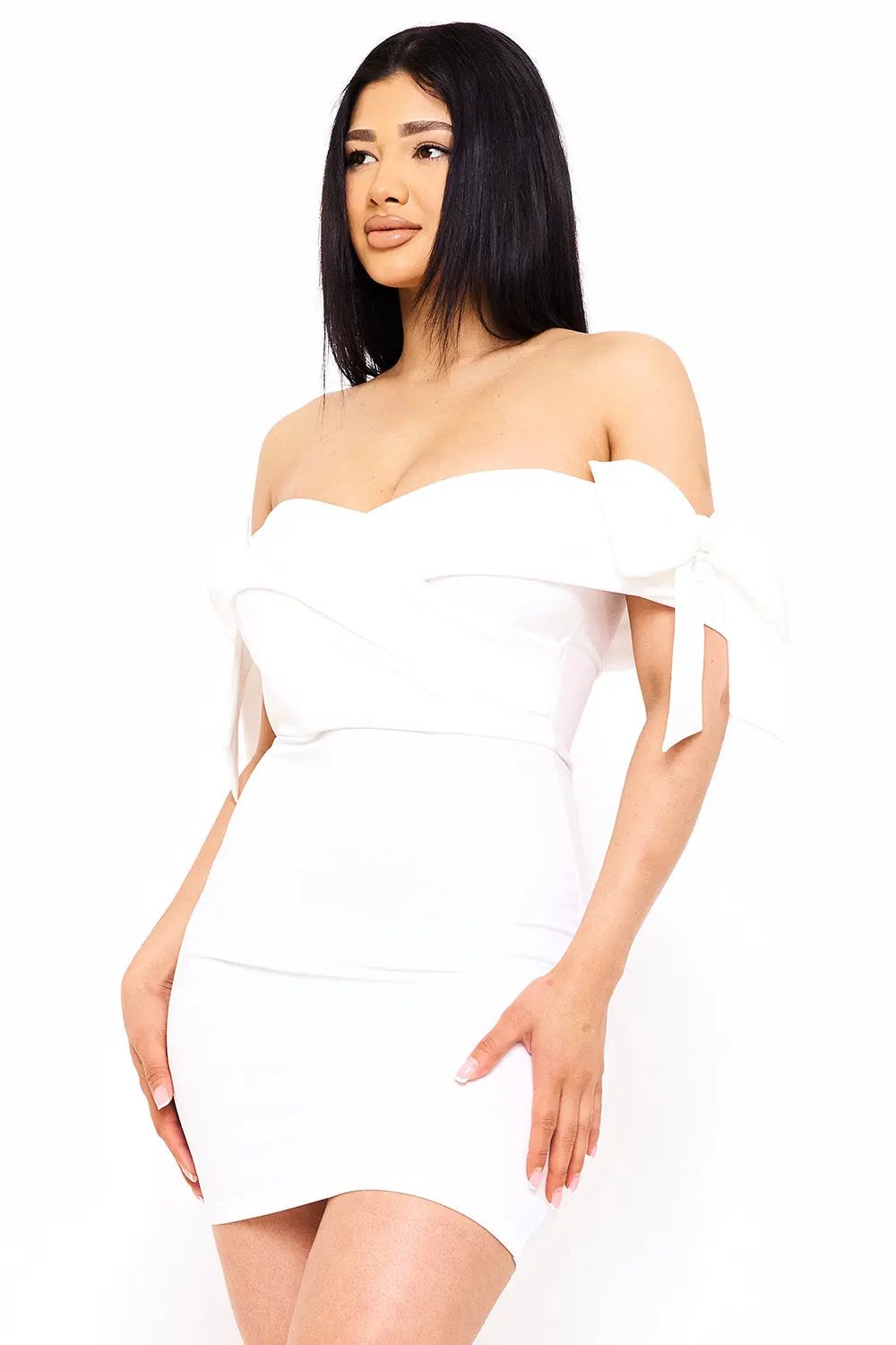 Off Shoulder Mini Dress With Satin Bow Sleeve Detail - Pleated Formal Occasion Wear BOUTINIE