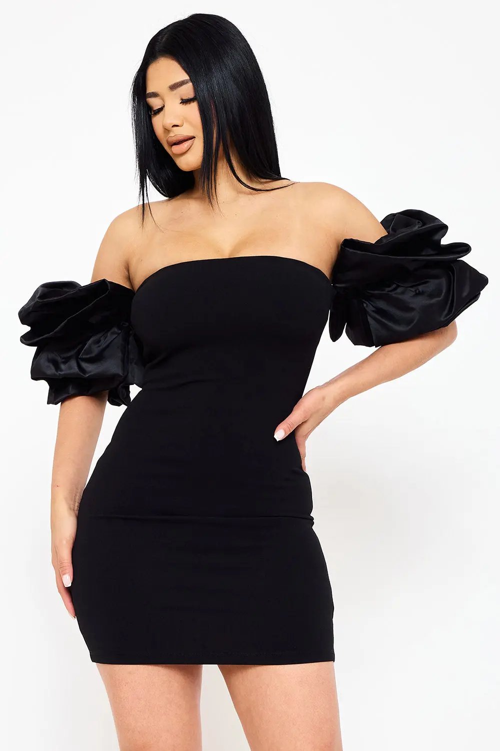 Off Shoulder Mini Dress - Layered Ruffle Sleeve Bodycon Party Wear BOUTINIE