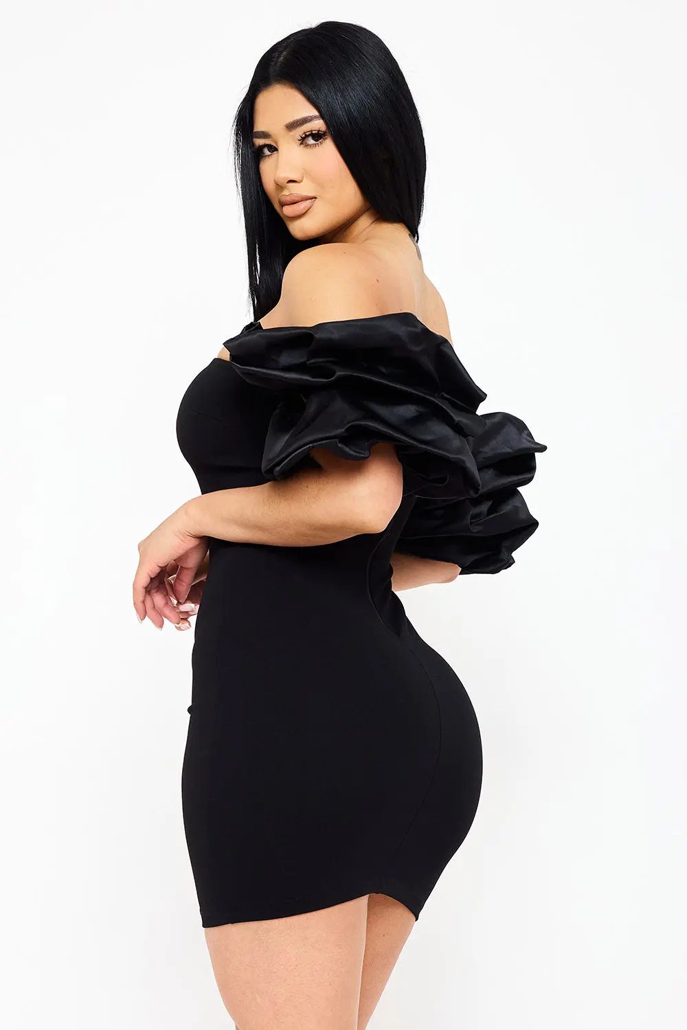 Off Shoulder Mini Dress - Layered Ruffle Sleeve Bodycon Party Wear BOUTINIE