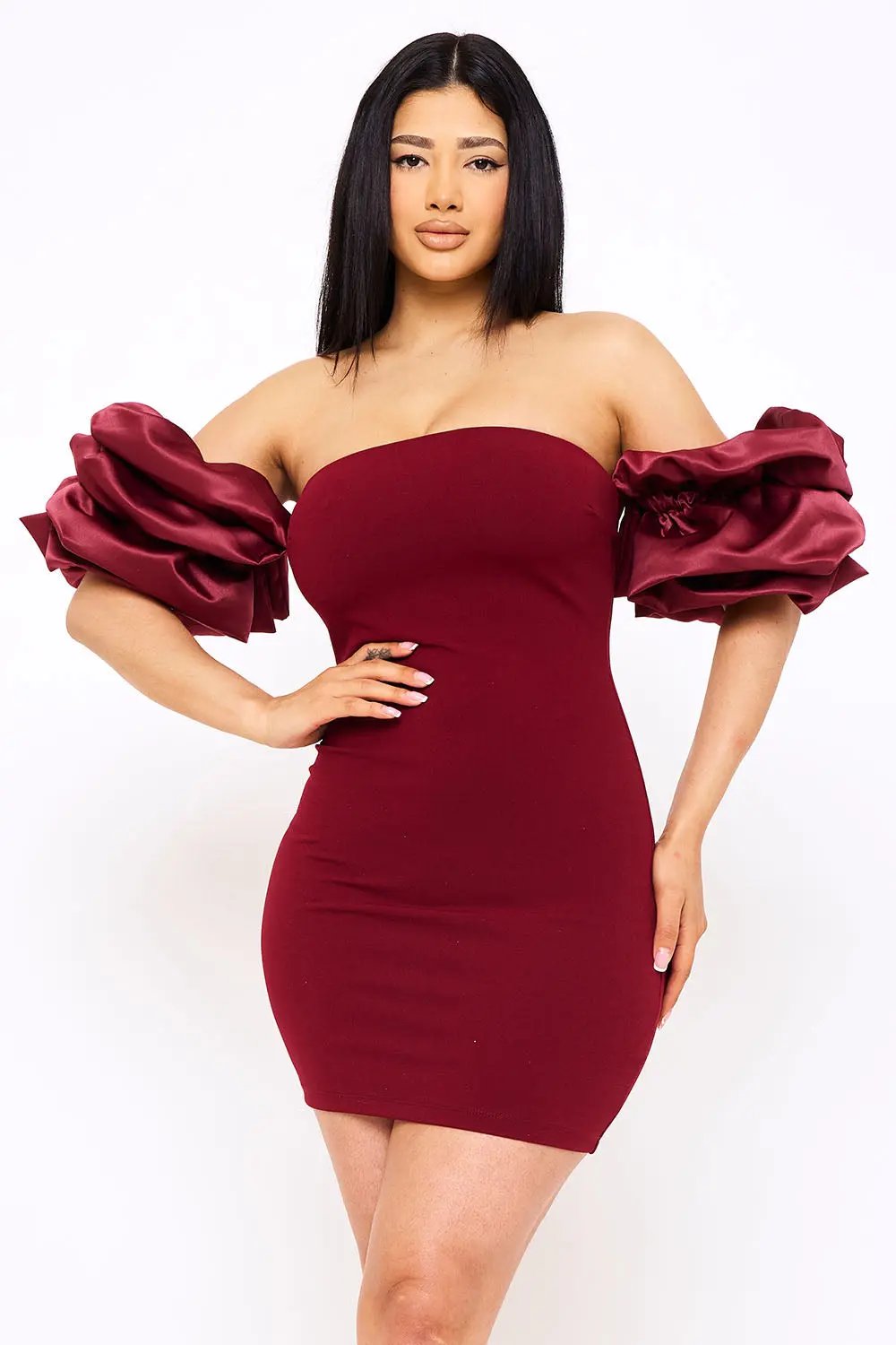 Off Shoulder Mini Dress - Layered Ruffle Sleeve Bodycon Party Wear BOUTINIE