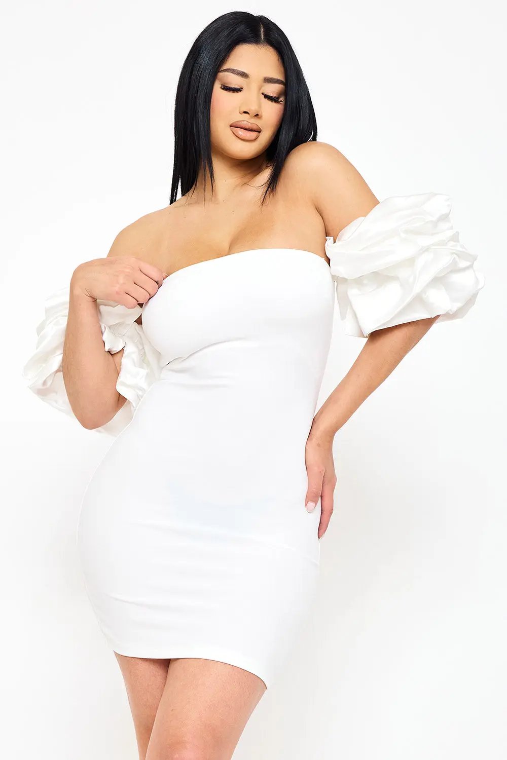 Off Shoulder Mini Dress - Layered Ruffle Sleeve Bodycon Party Wear BOUTINIE