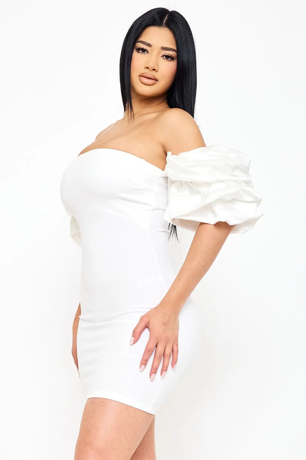 Off Shoulder Mini Dress - Layered Ruffle Sleeve Bodycon Party Wear BOUTINIE