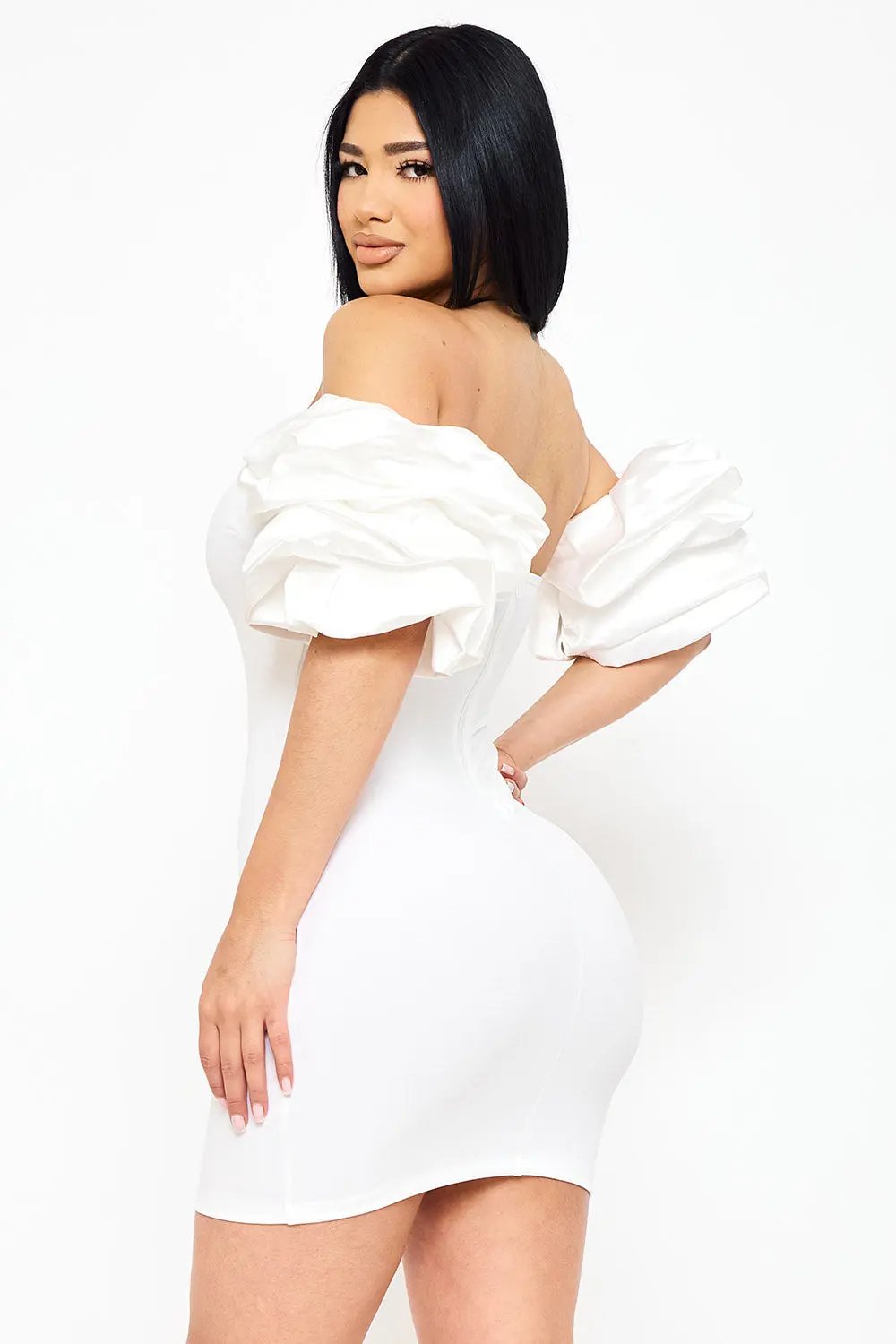 Off Shoulder Mini Dress - Layered Ruffle Sleeve Bodycon Party Wear BOUTINIE