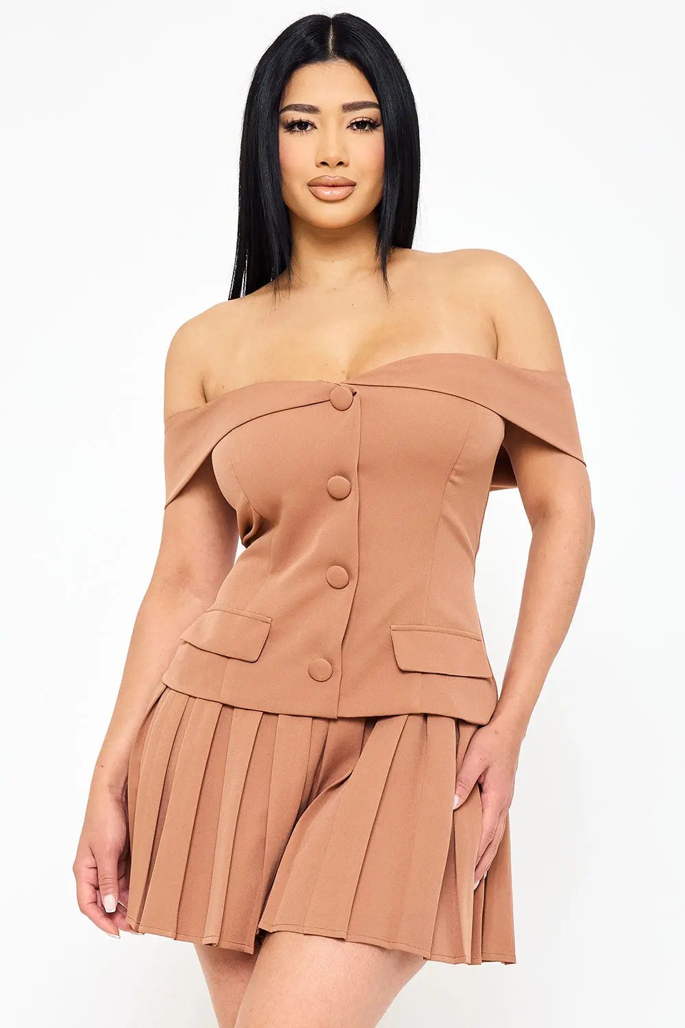 Off Shoulder Mini Dress - Button Detail & Pleated Bottom A-Line Skirt BOUTINIE