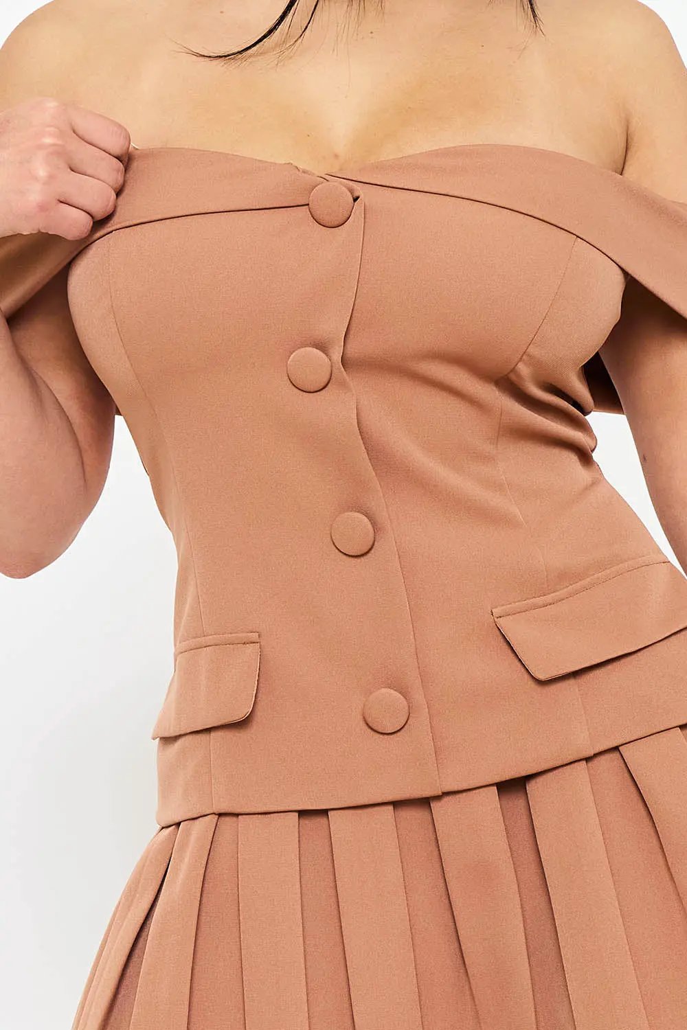 Off Shoulder Mini Dress - Button Detail & Pleated Bottom A-Line Skirt BOUTINIE