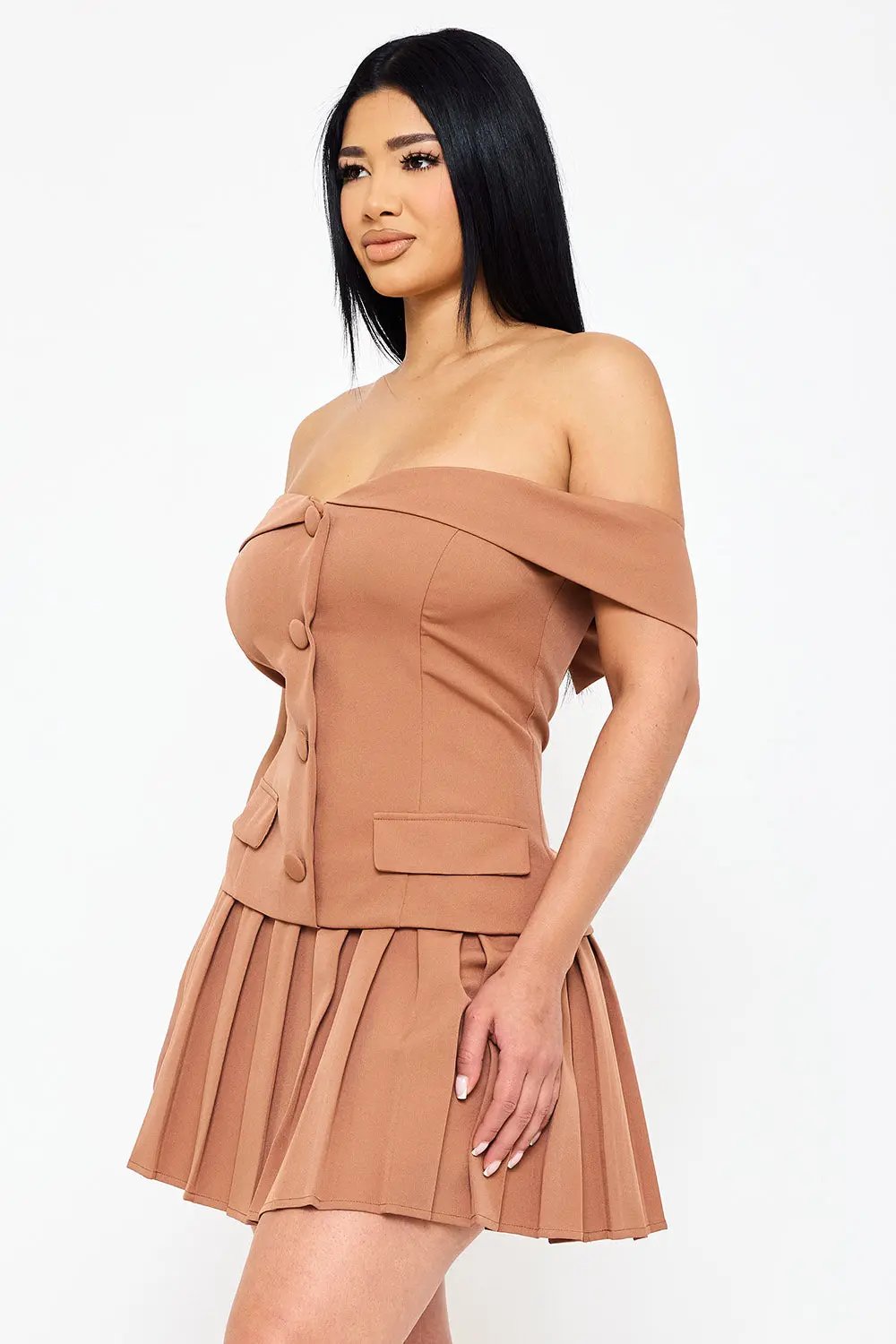 Off Shoulder Mini Dress - Button Detail & Pleated Bottom A-Line Skirt BOUTINIE