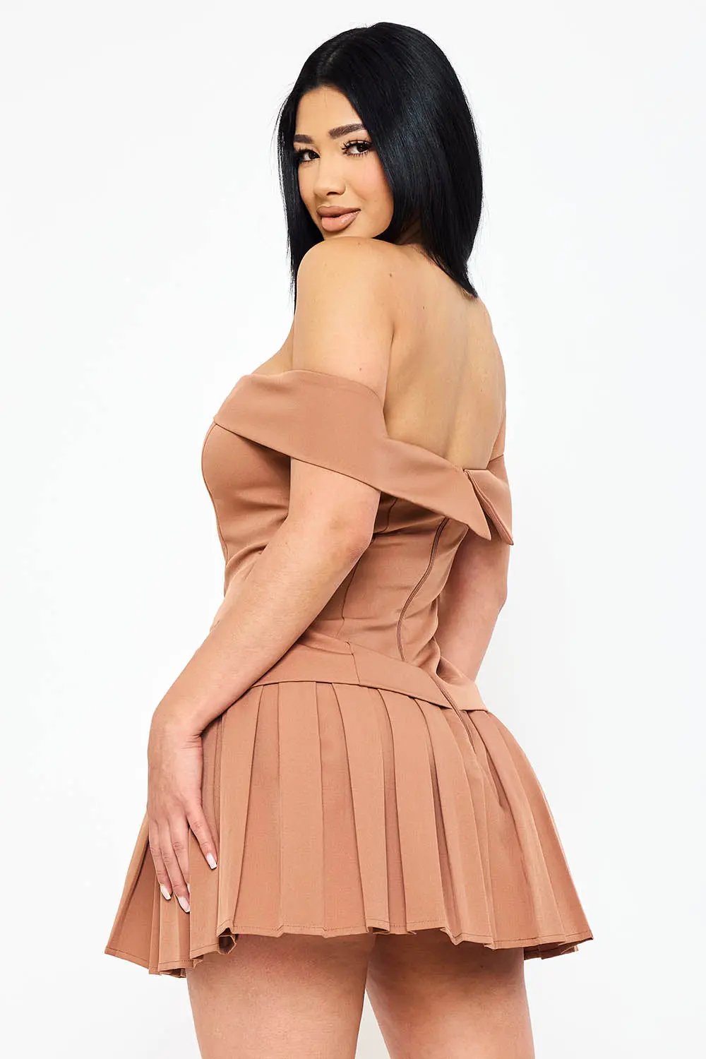 Off Shoulder Mini Dress - Button Detail & Pleated Bottom A-Line Skirt BOUTINIE