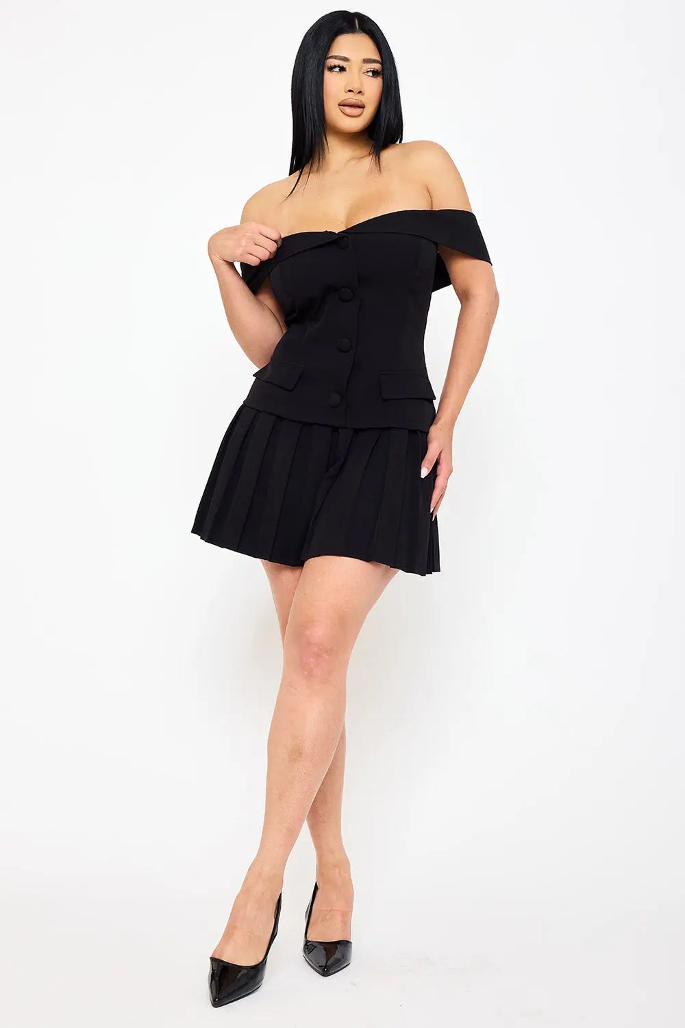 Off Shoulder Mini Dress - Button Detail & Pleated Bottom A-Line Skirt BOUTINIE