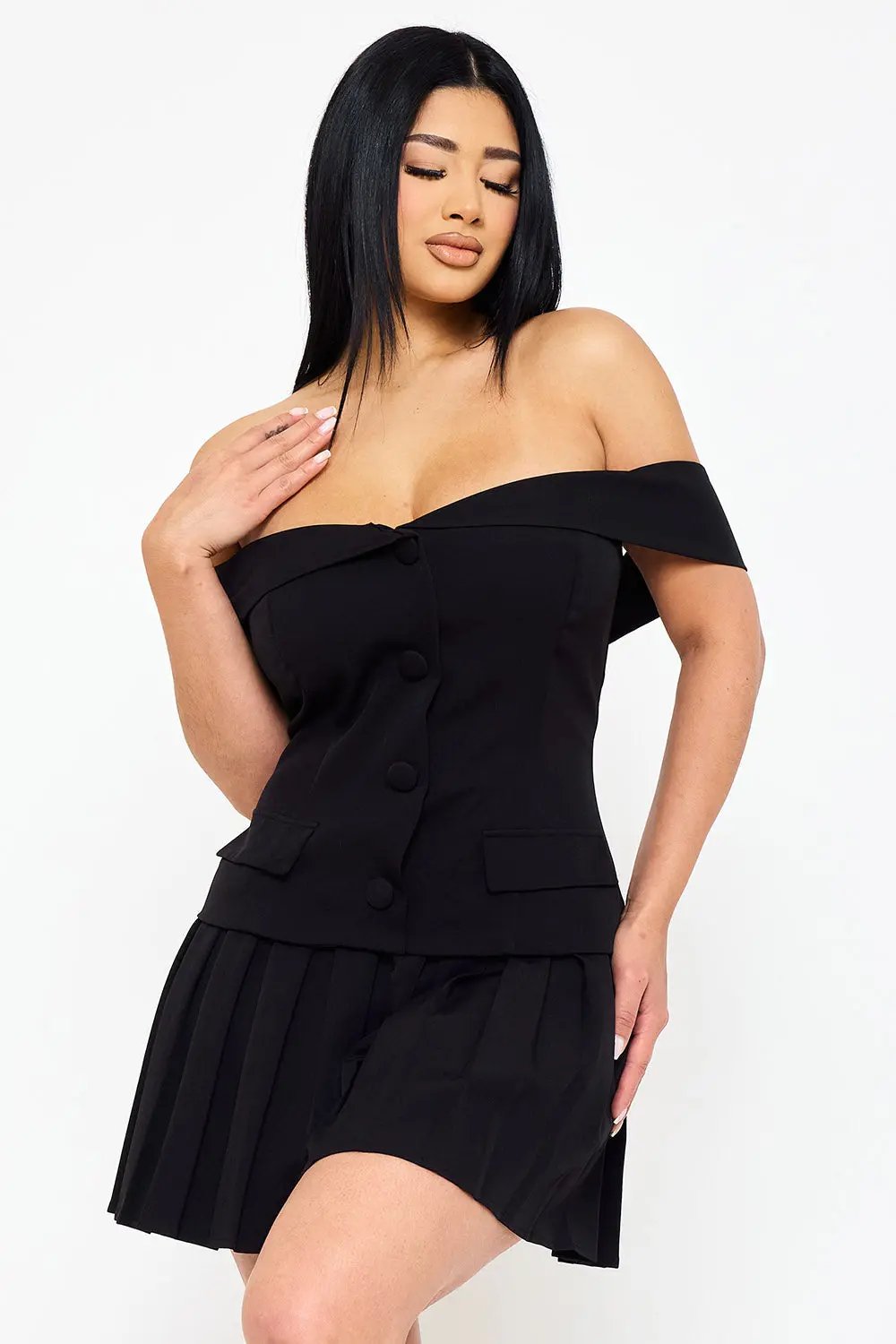 Off Shoulder Mini Dress - Button Detail & Pleated Bottom A-Line Skirt BOUTINIE