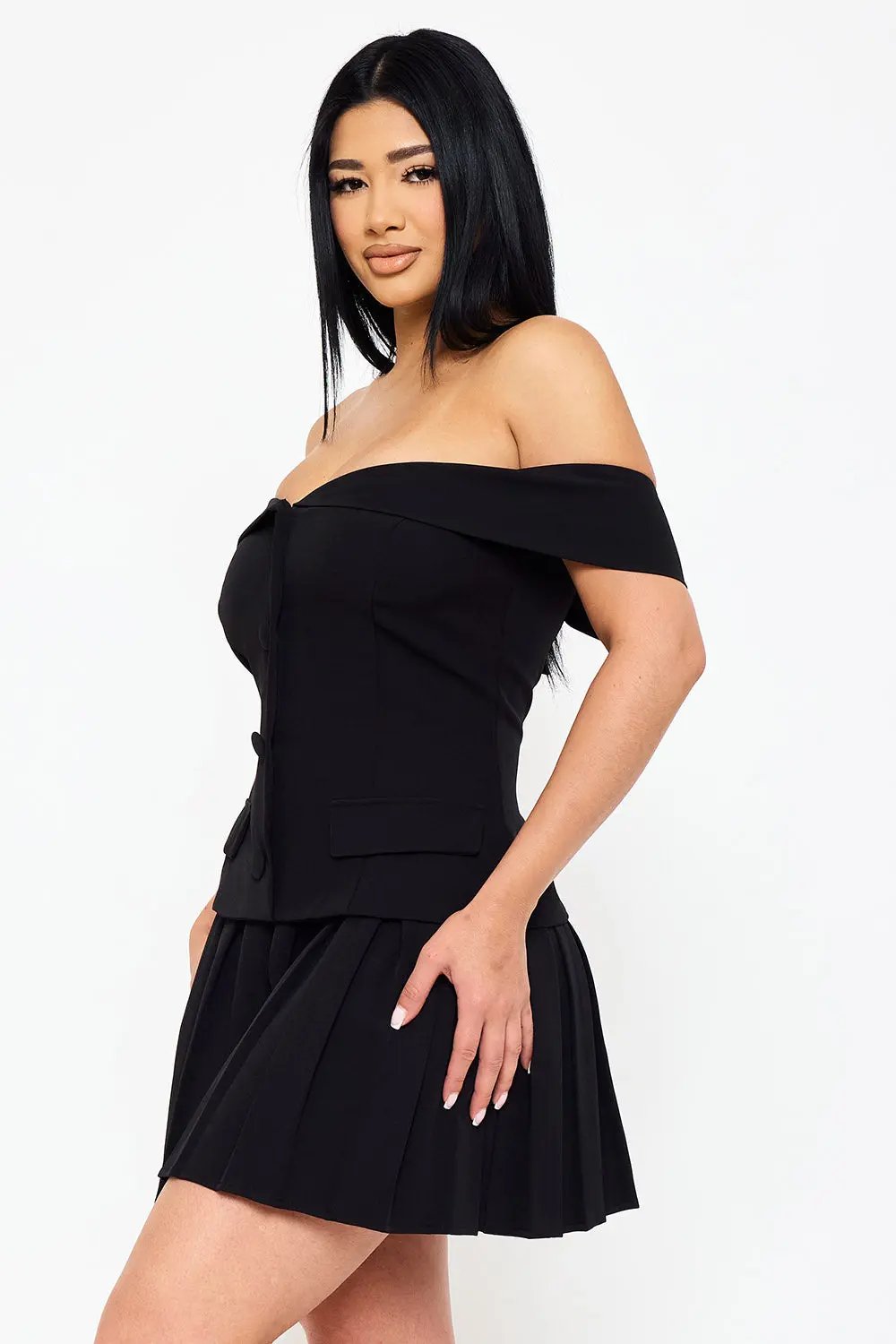 Off Shoulder Mini Dress - Button Detail & Pleated Bottom A-Line Skirt BOUTINIE