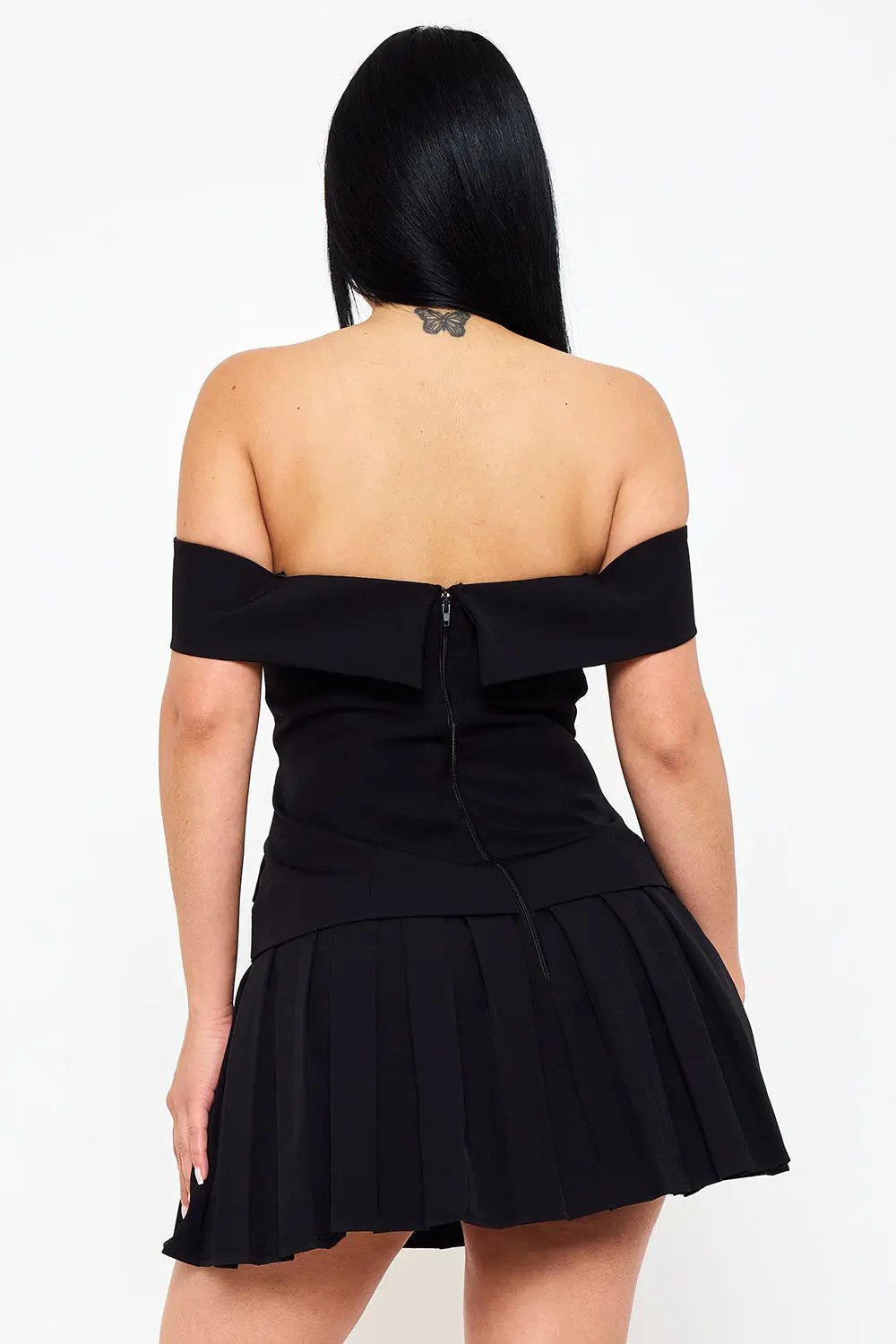 Off Shoulder Mini Dress - Button Detail & Pleated Bottom A-Line Skirt BOUTINIE