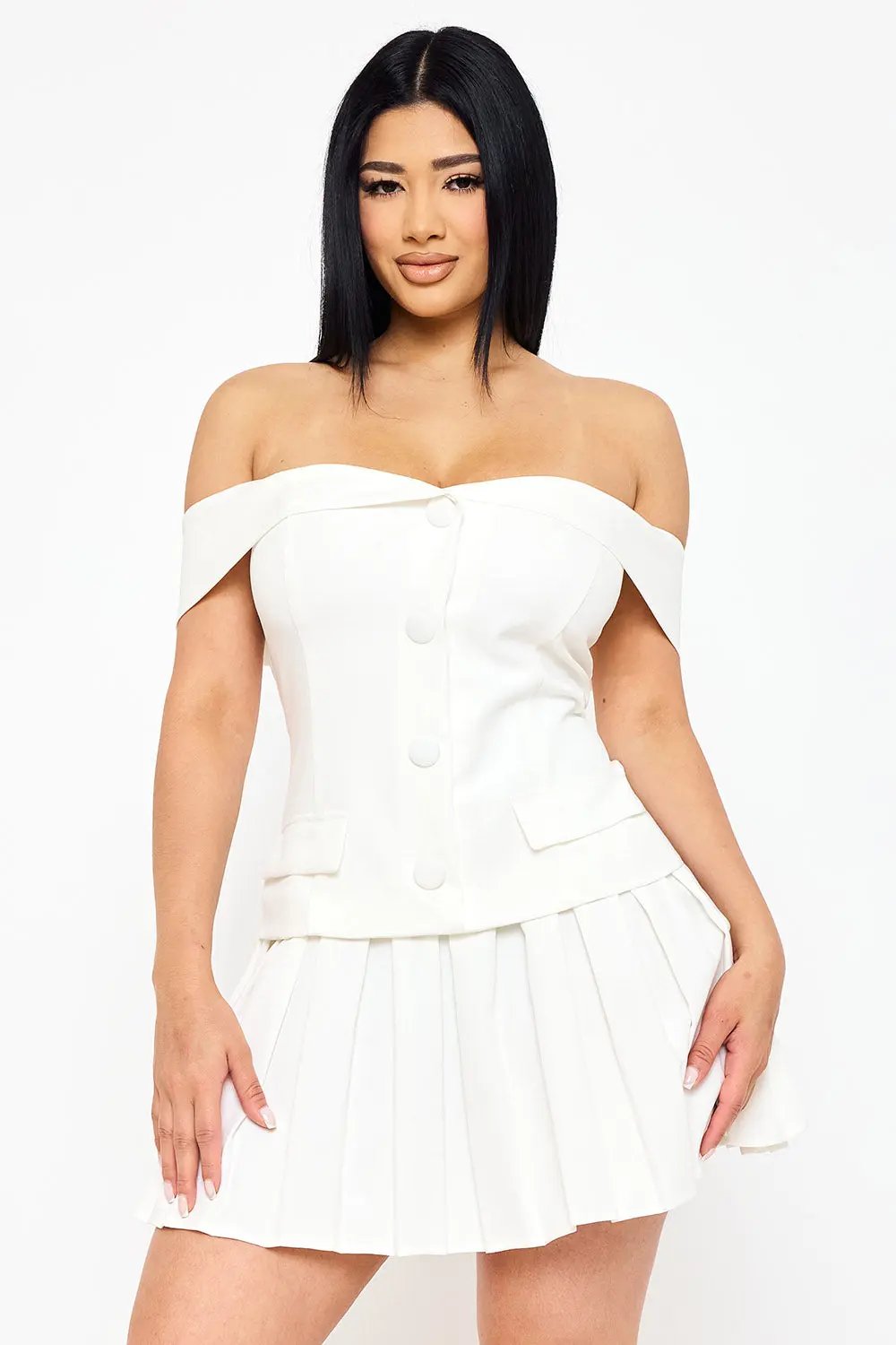 Off Shoulder Mini Dress - Button Detail & Pleated Bottom A-Line Skirt BOUTINIE