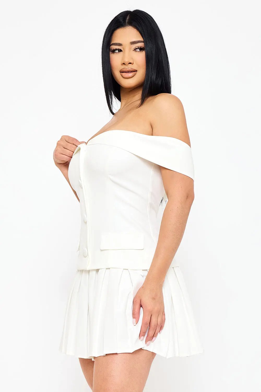 Off Shoulder Mini Dress - Button Detail & Pleated Bottom A-Line Skirt BOUTINIE