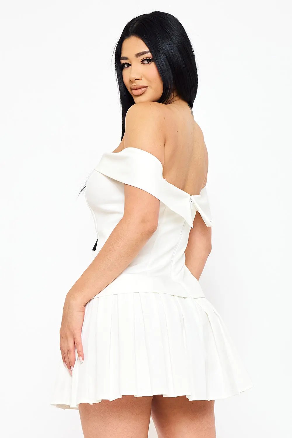 Off Shoulder Mini Dress - Button Detail & Pleated Bottom A-Line Skirt BOUTINIE