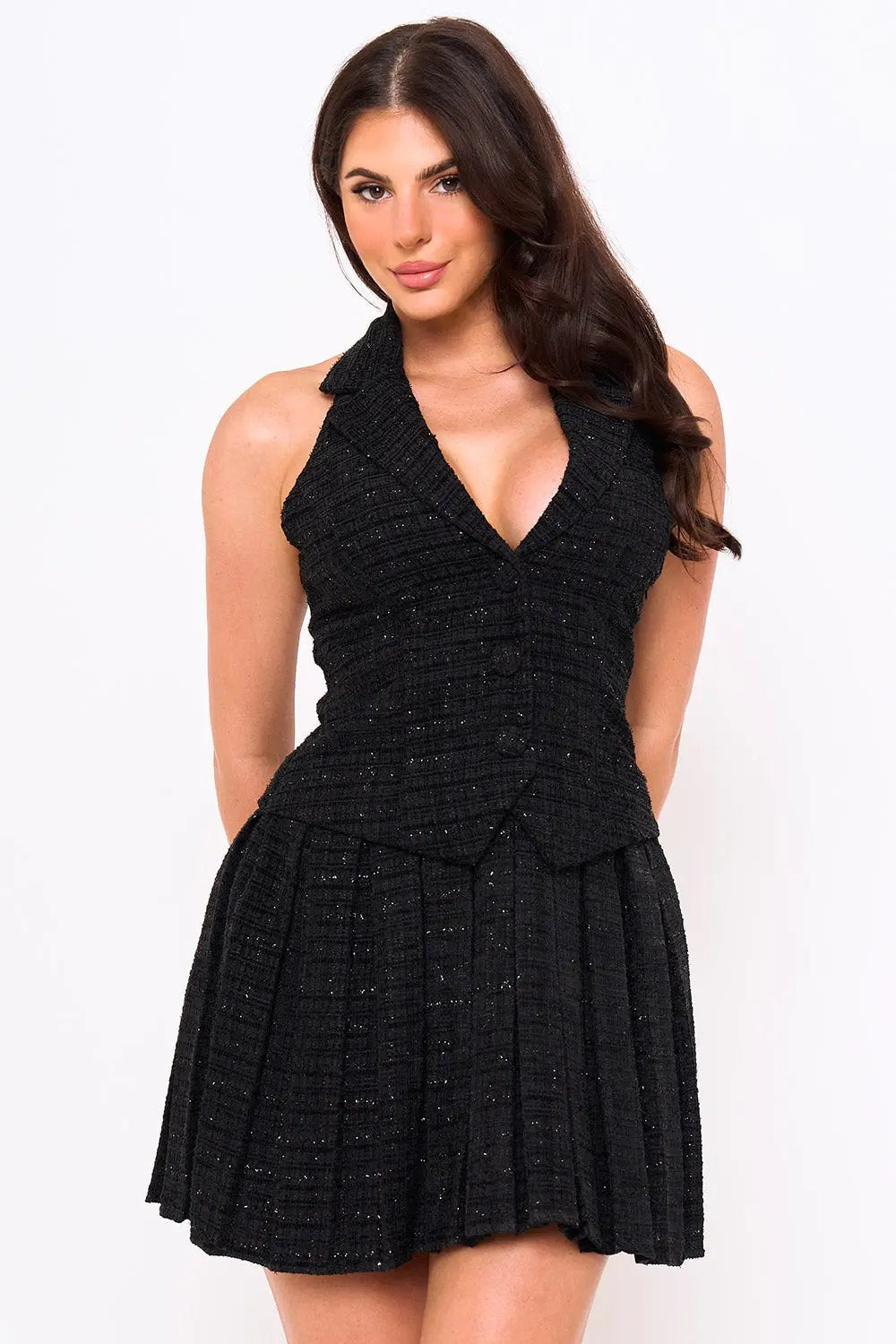 Tweed Halter Mini Dress With Collar | Sleeveless, Zipper Side BOUTINIE