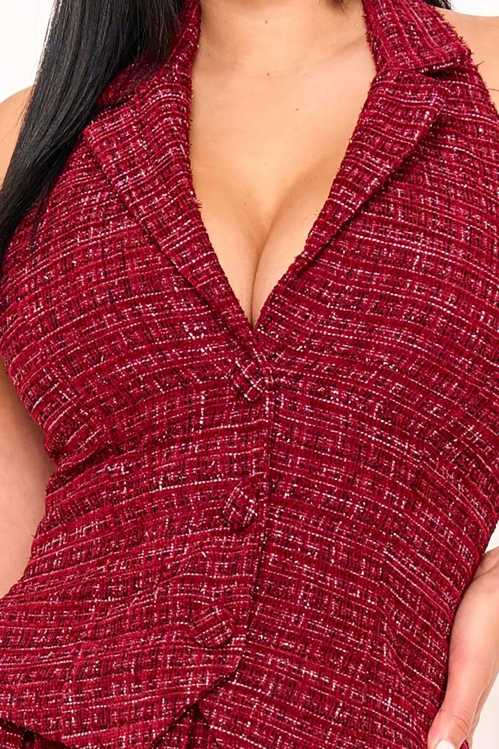 Tweed Halter Mini Dress With Collar | Sleeveless, Zipper Side BOUTINIE