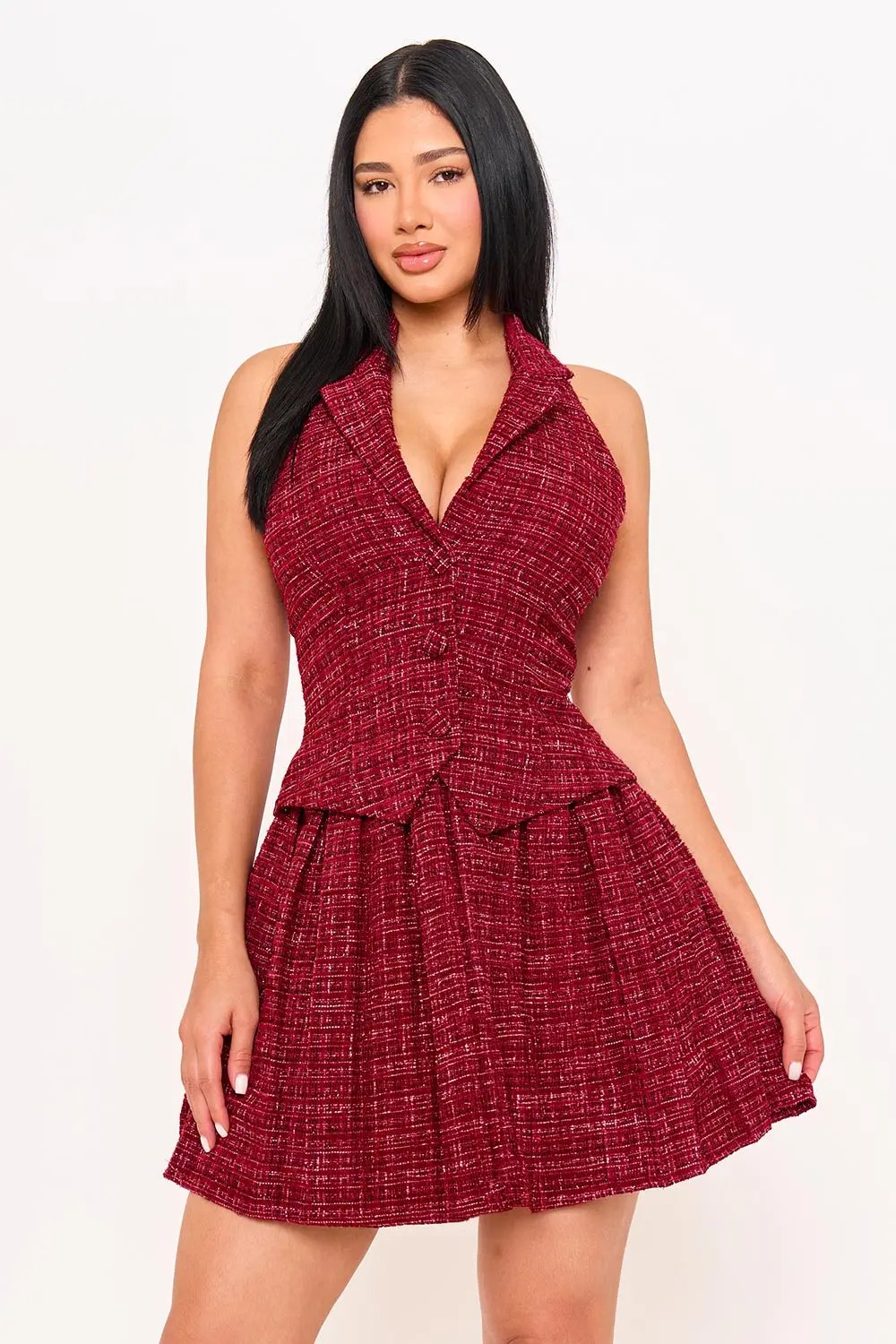 Tweed Halter Mini Dress With Collar | Sleeveless, Zipper Side BOUTINIE