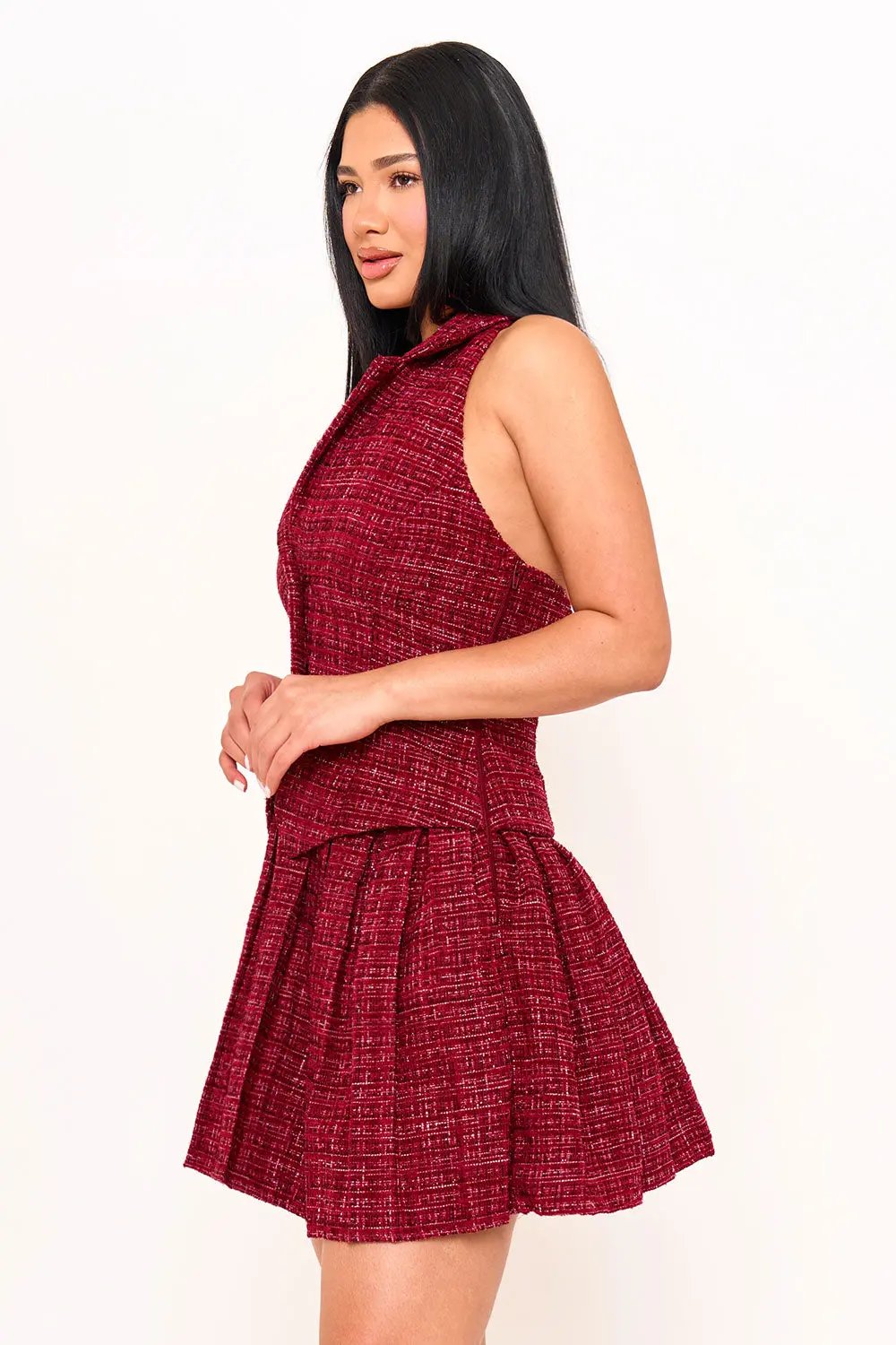 Tweed Halter Mini Dress With Collar | Sleeveless, Zipper Side BOUTINIE