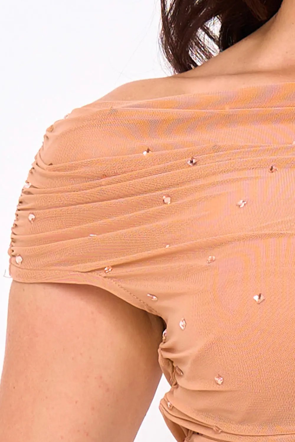 Off Shoulder Mini Dress – Rhinestone Power Mesh Slip-On Party Wear BOUTINIE