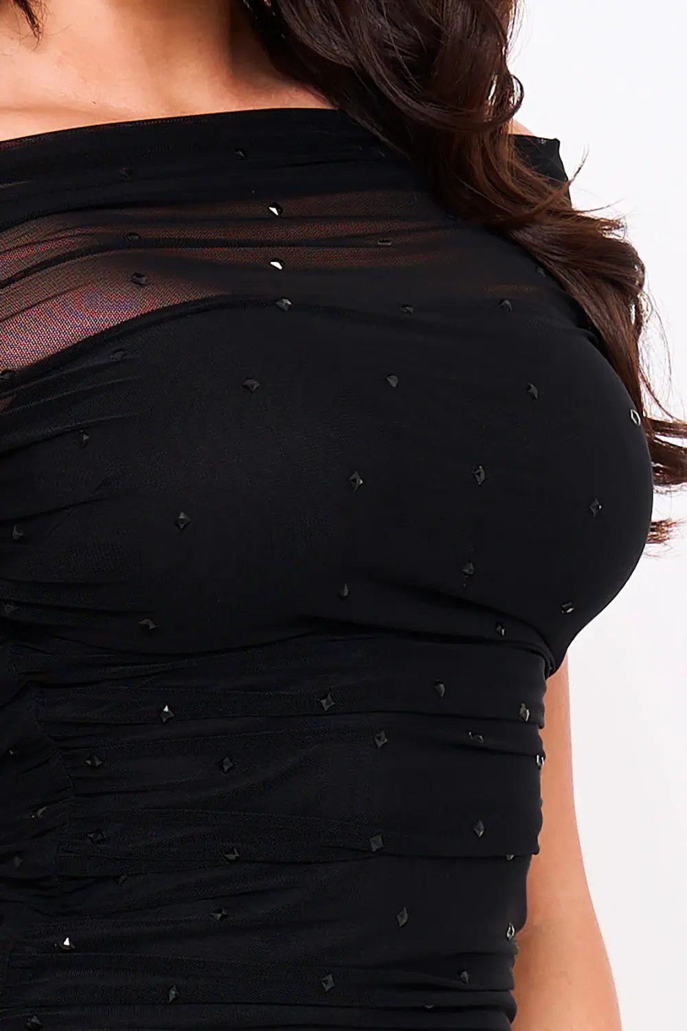 Off Shoulder Mini Dress – Rhinestone Power Mesh Slip-On Party Wear BOUTINIE