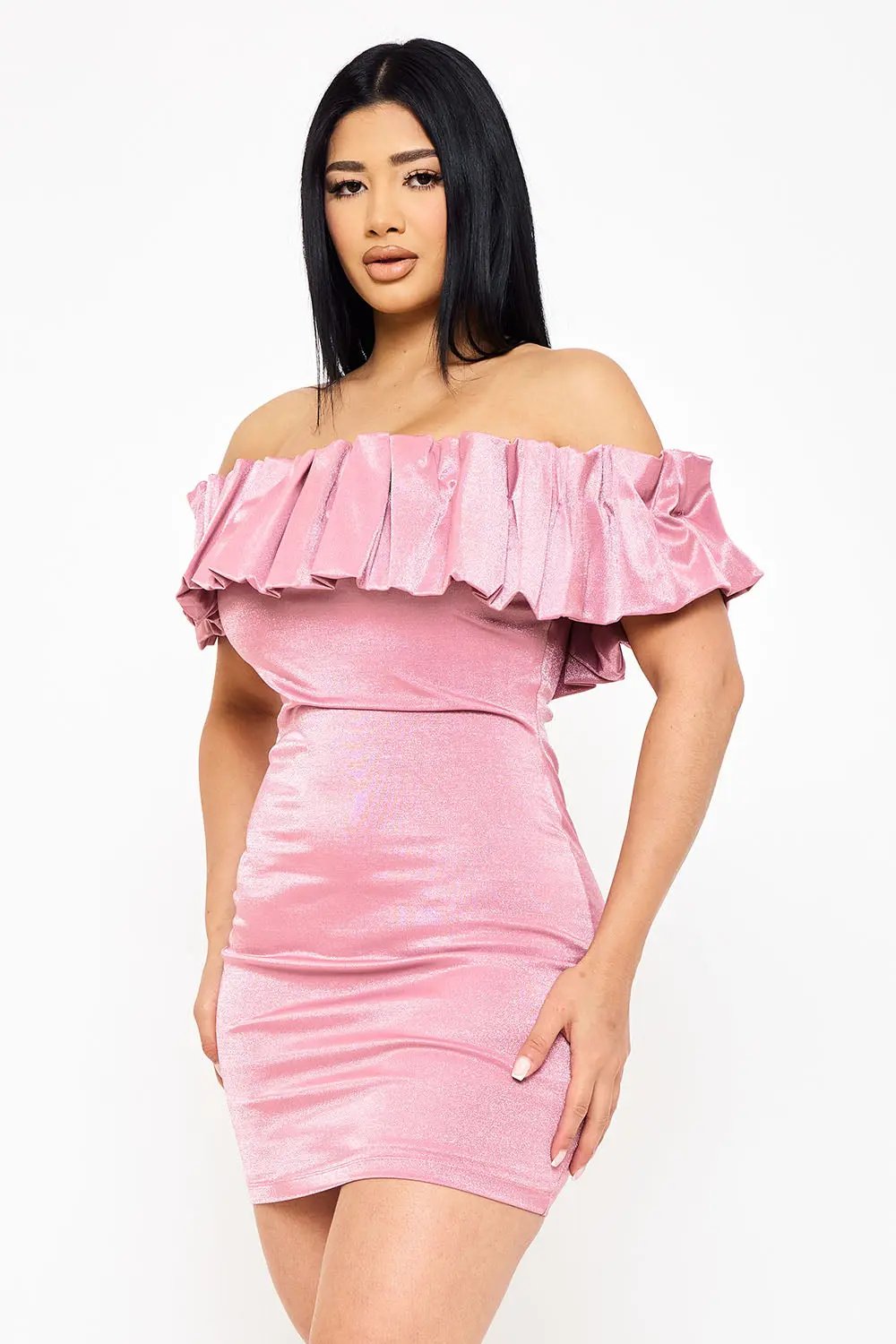 Metallic Off Shoulder Dress - Ruffle Mini Party Dress With Elastic Band Top BOUTINIE