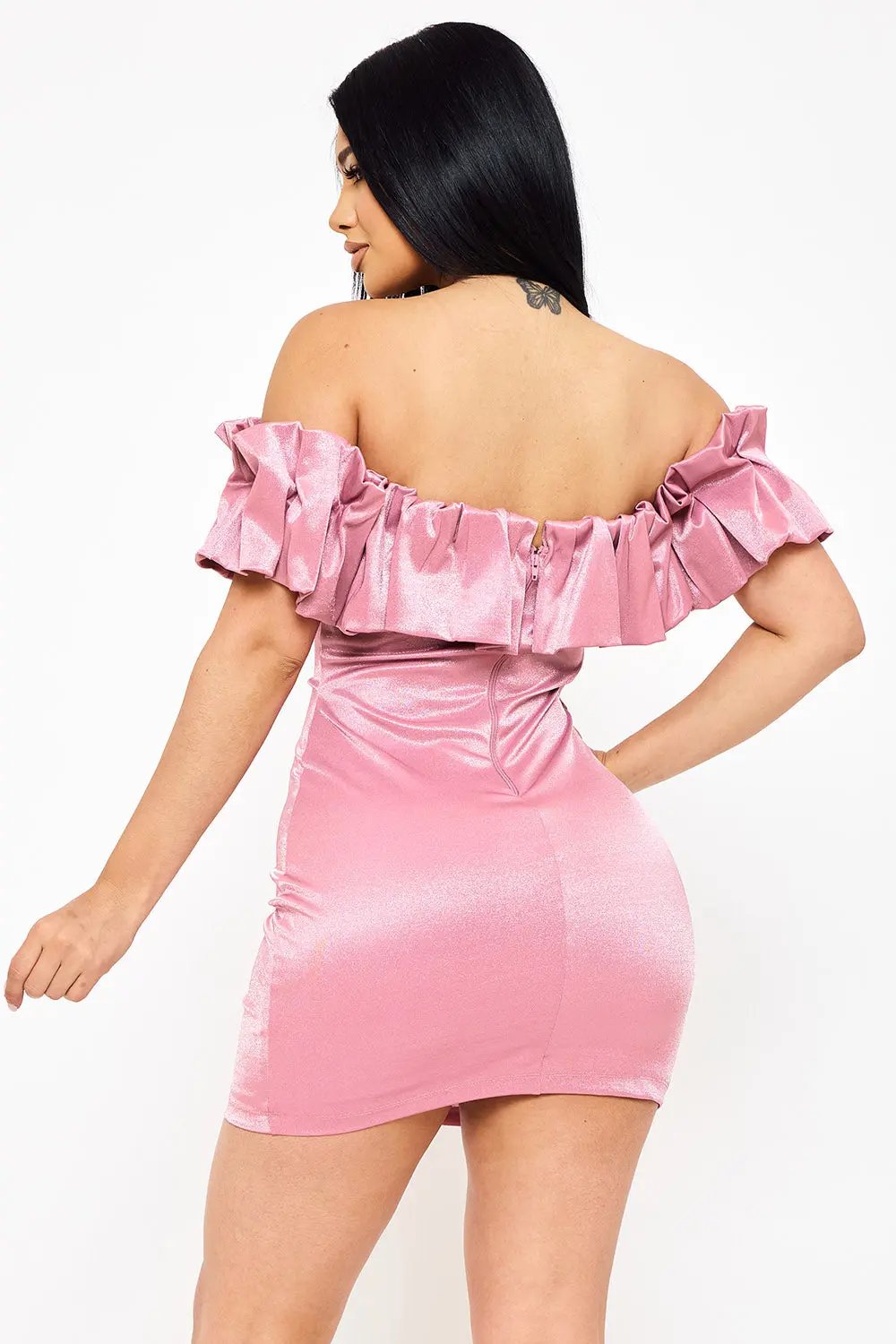 Metallic Off Shoulder Dress - Ruffle Mini Party Dress With Elastic Band Top BOUTINIE