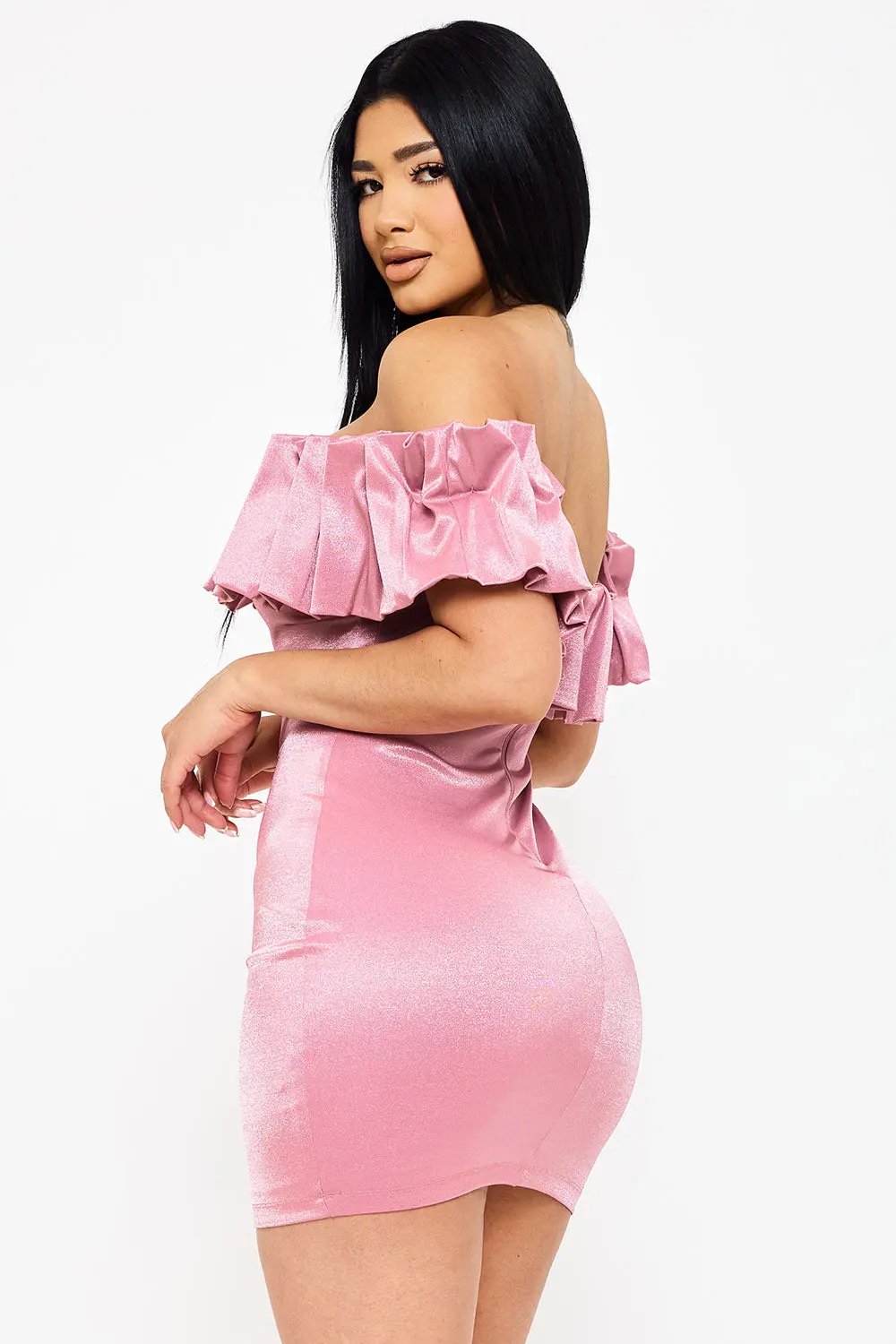 Metallic Off Shoulder Dress - Ruffle Mini Party Dress With Elastic Band Top BOUTINIE