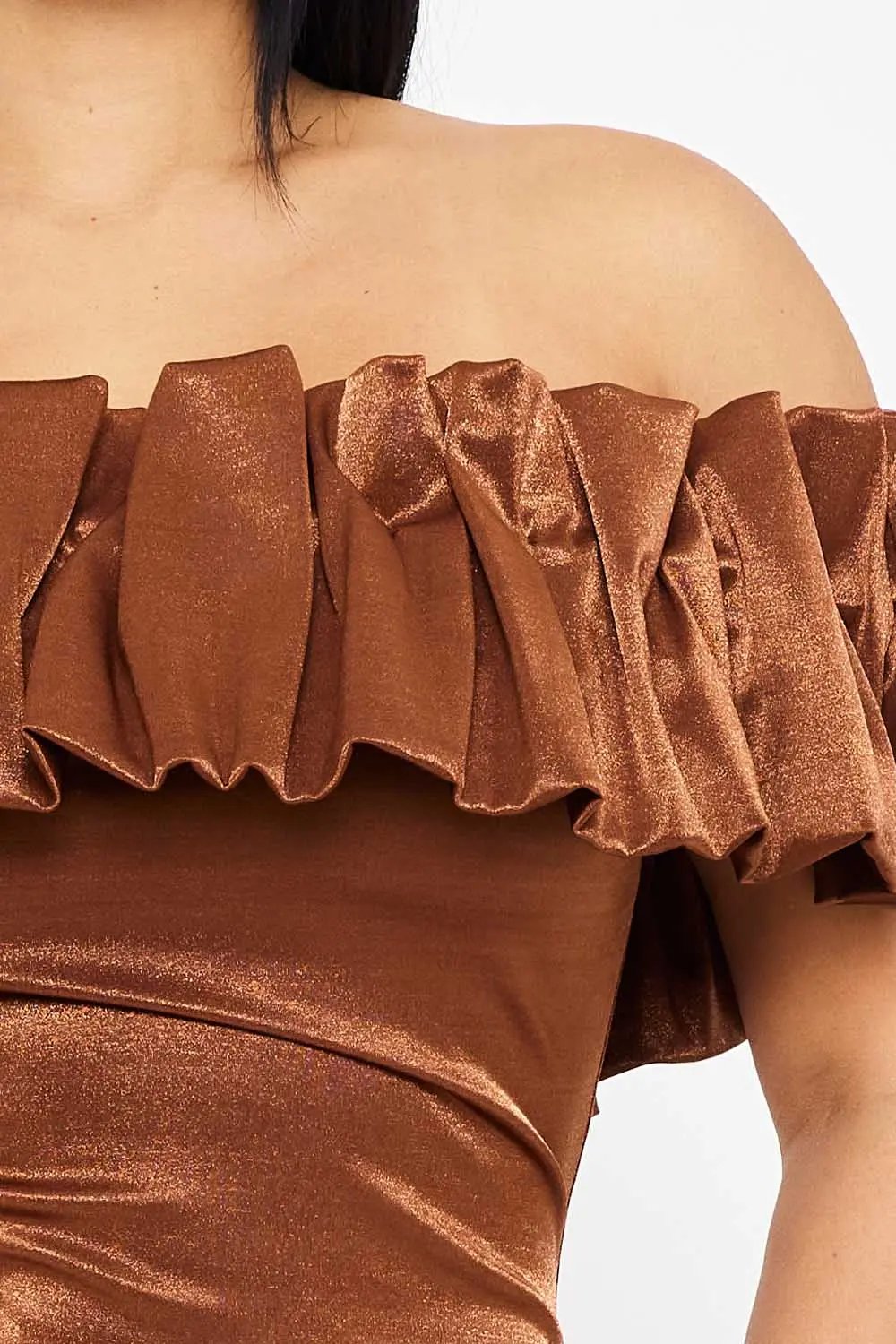 Metallic Off Shoulder Dress - Ruffle Mini Party Dress With Elastic Band Top BOUTINIE