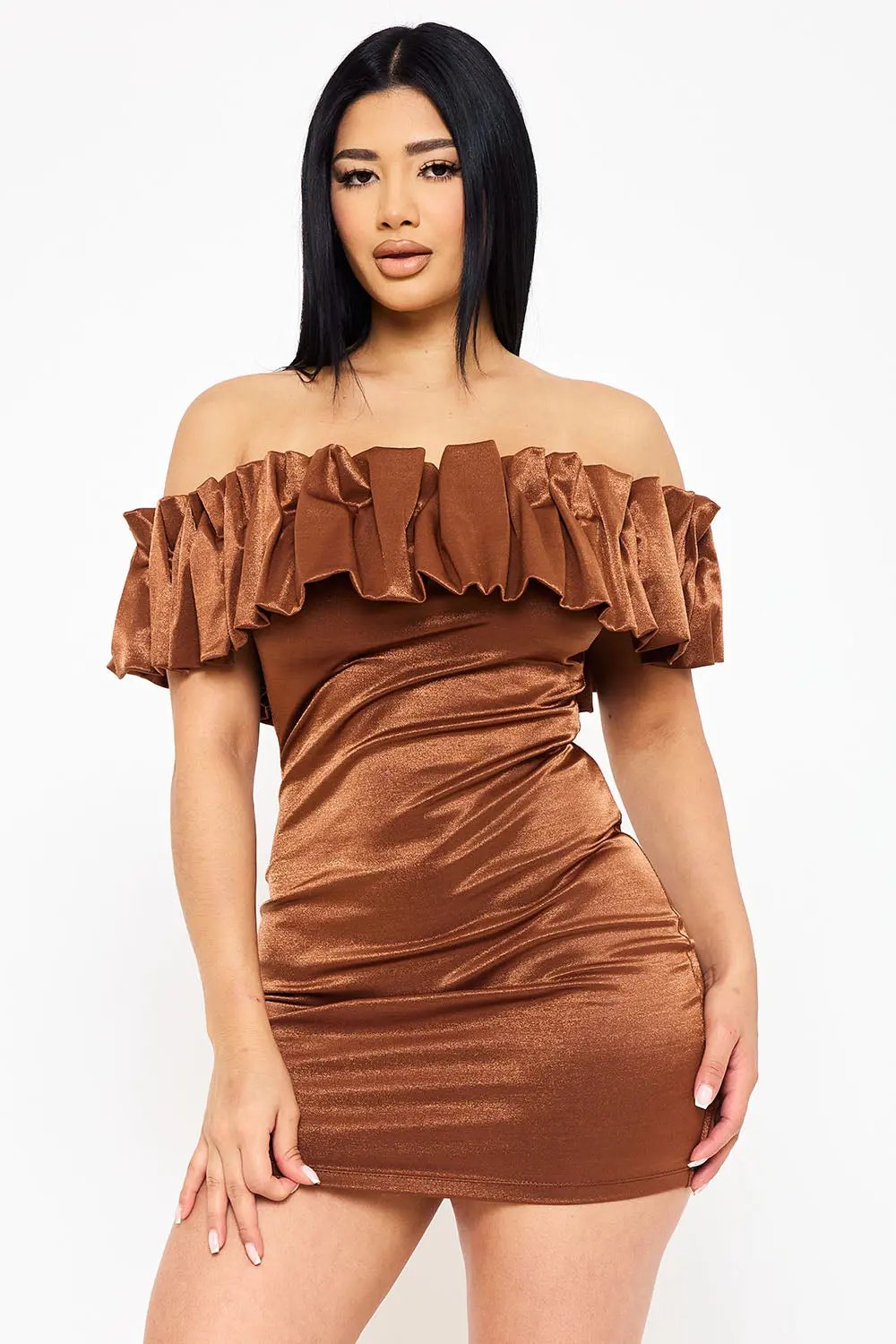 Metallic Off Shoulder Dress - Ruffle Mini Party Dress With Elastic Band Top BOUTINIE