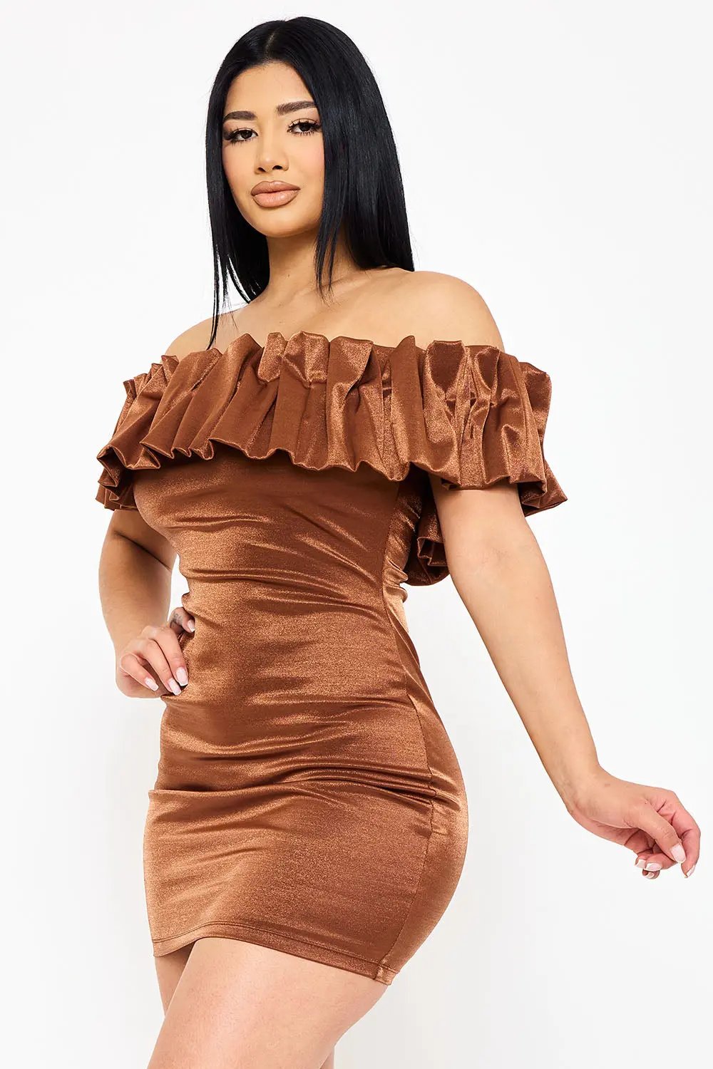 Metallic Off Shoulder Dress - Ruffle Mini Party Dress With Elastic Band Top BOUTINIE
