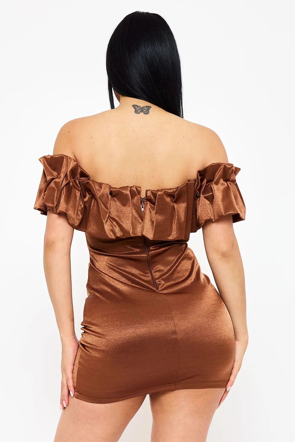 Metallic Off Shoulder Dress - Ruffle Mini Party Dress With Elastic Band Top BOUTINIE