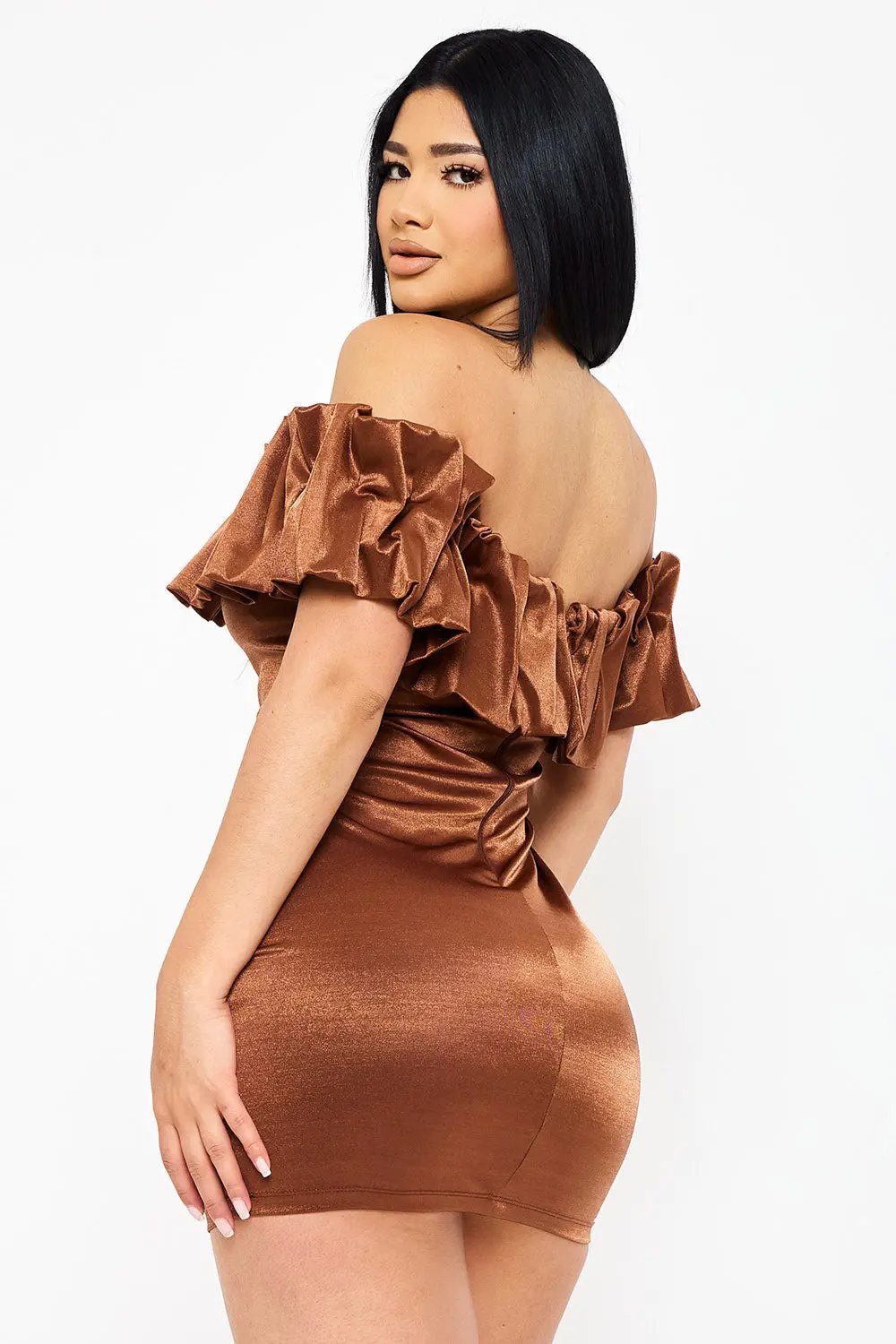 Metallic Off Shoulder Dress - Ruffle Mini Party Dress With Elastic Band Top BOUTINIE