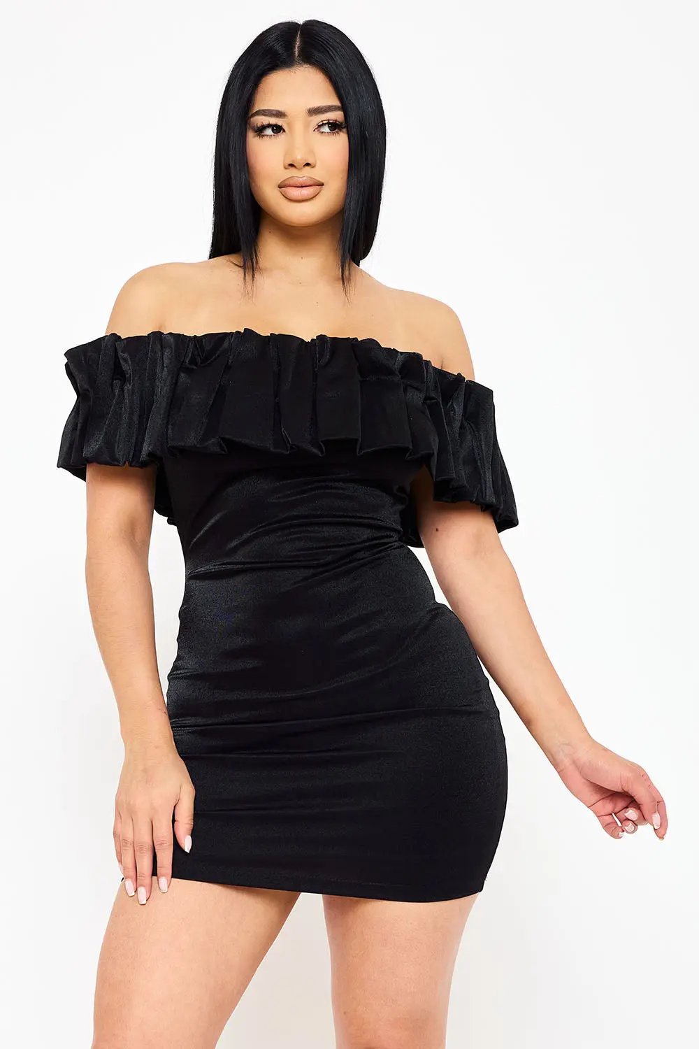 Metallic Off Shoulder Dress - Ruffle Mini Party Dress With Elastic Band Top BOUTINIE