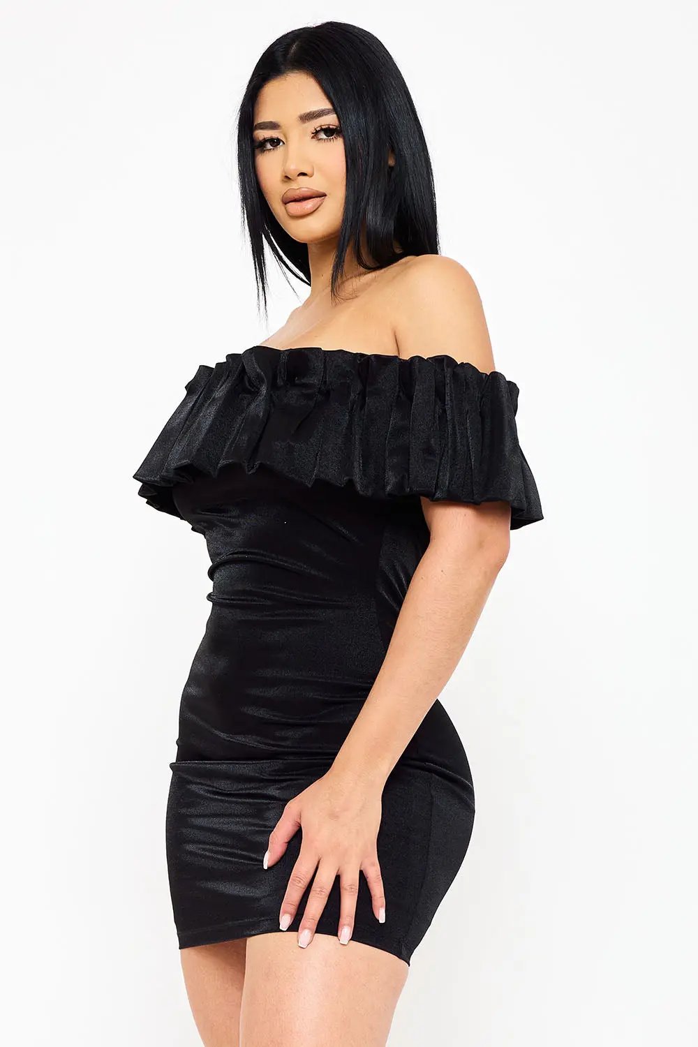 Metallic Off Shoulder Dress - Ruffle Mini Party Dress With Elastic Band Top BOUTINIE