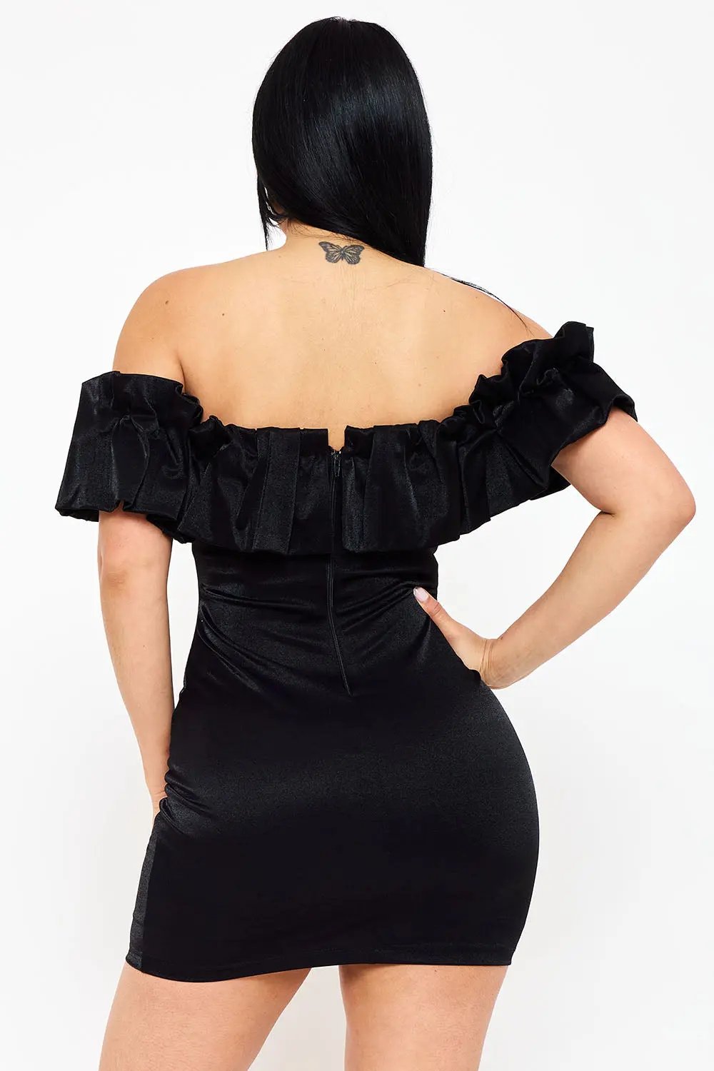 Metallic Off Shoulder Dress - Ruffle Mini Party Dress With Elastic Band Top BOUTINIE