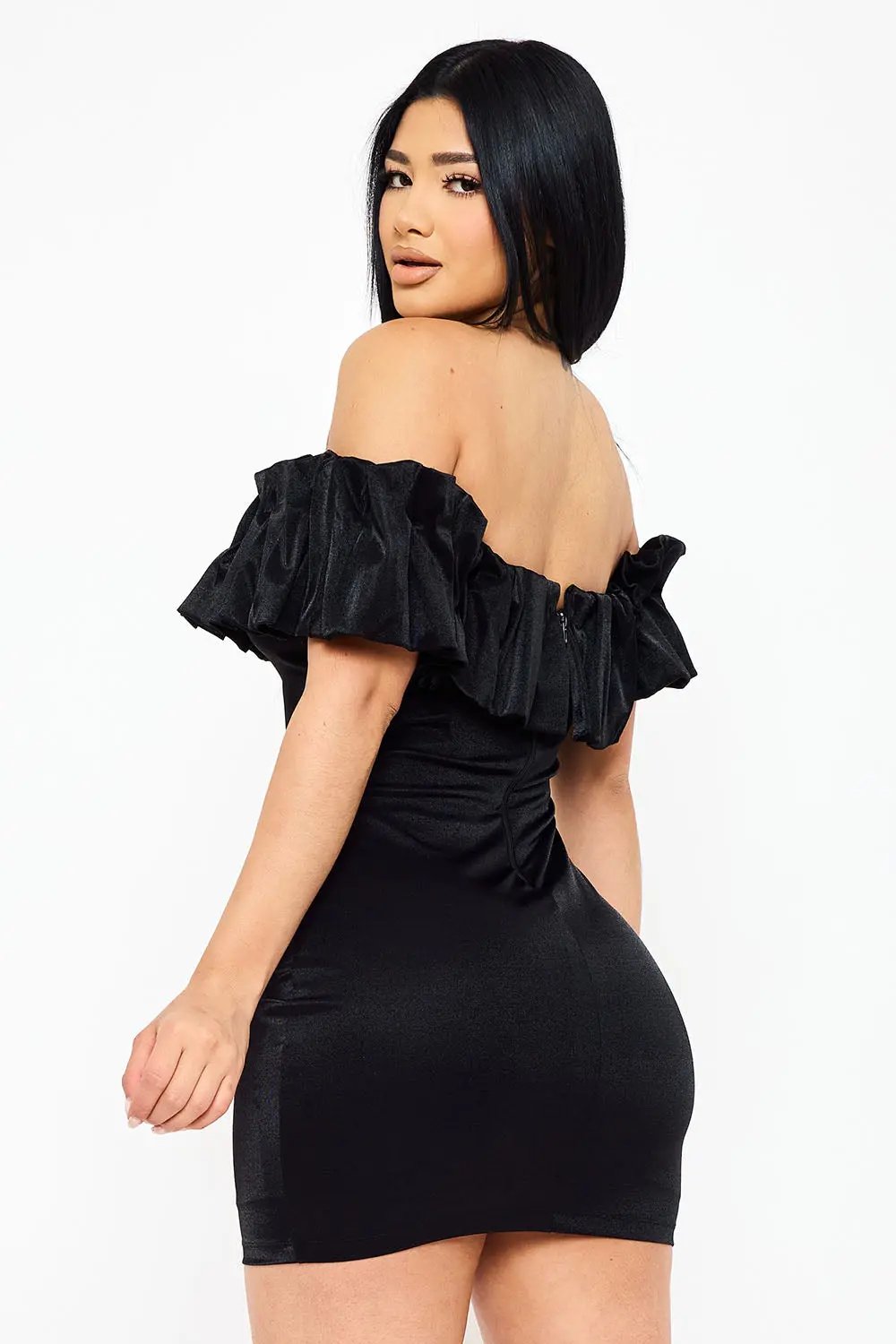 Metallic Off Shoulder Dress - Ruffle Mini Party Dress With Elastic Band Top BOUTINIE