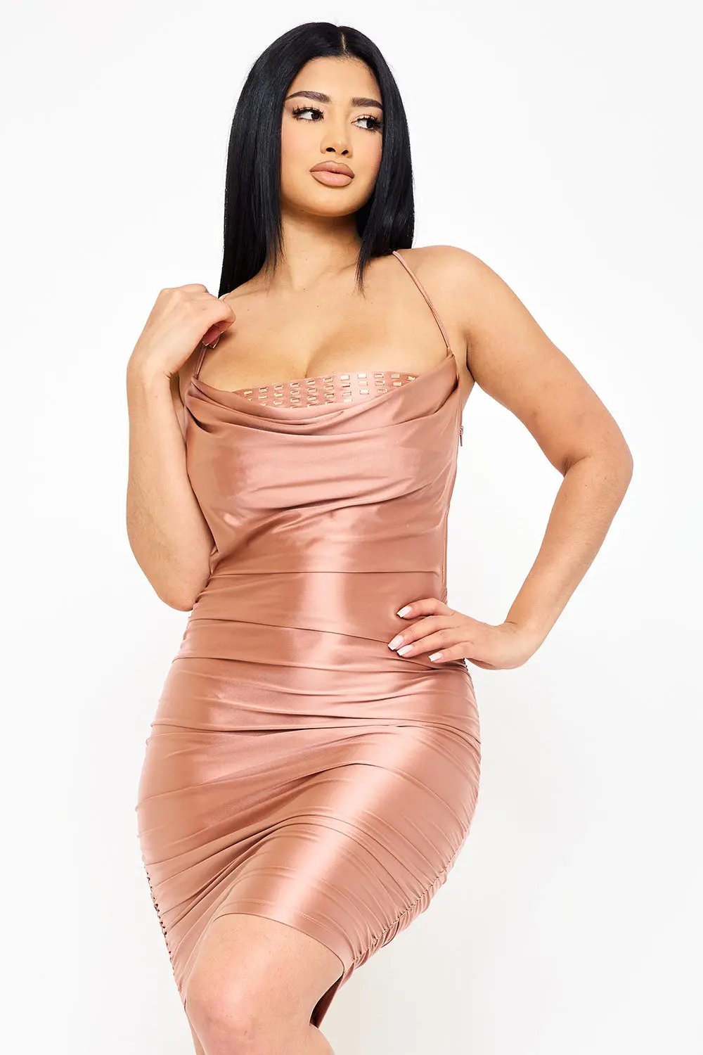 Pearl Satin Mini Dress – Adjustable Strap & Criss-Cross Back Detail BOUTINIE