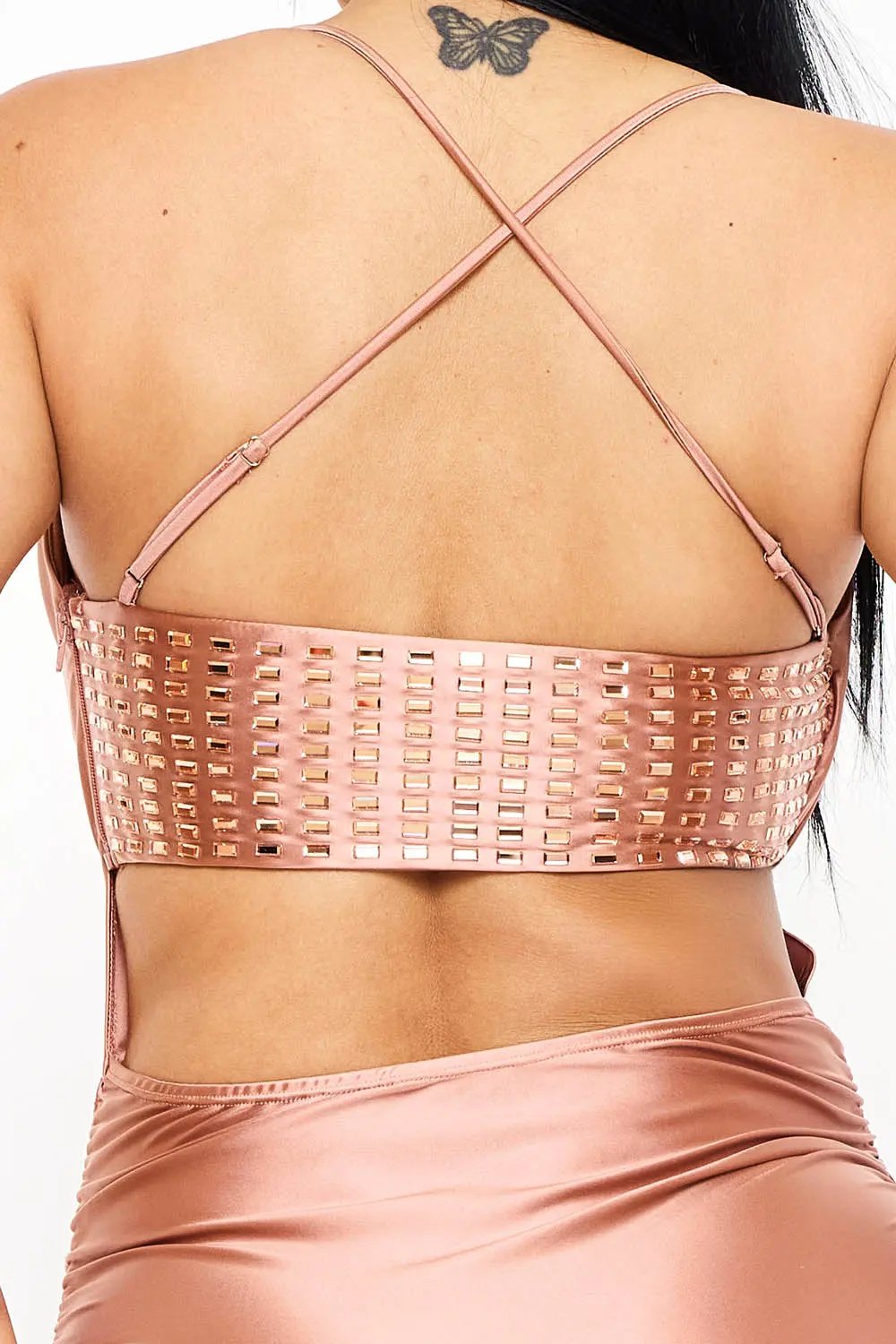 Pearl Satin Mini Dress – Adjustable Strap & Criss-Cross Back Detail BOUTINIE