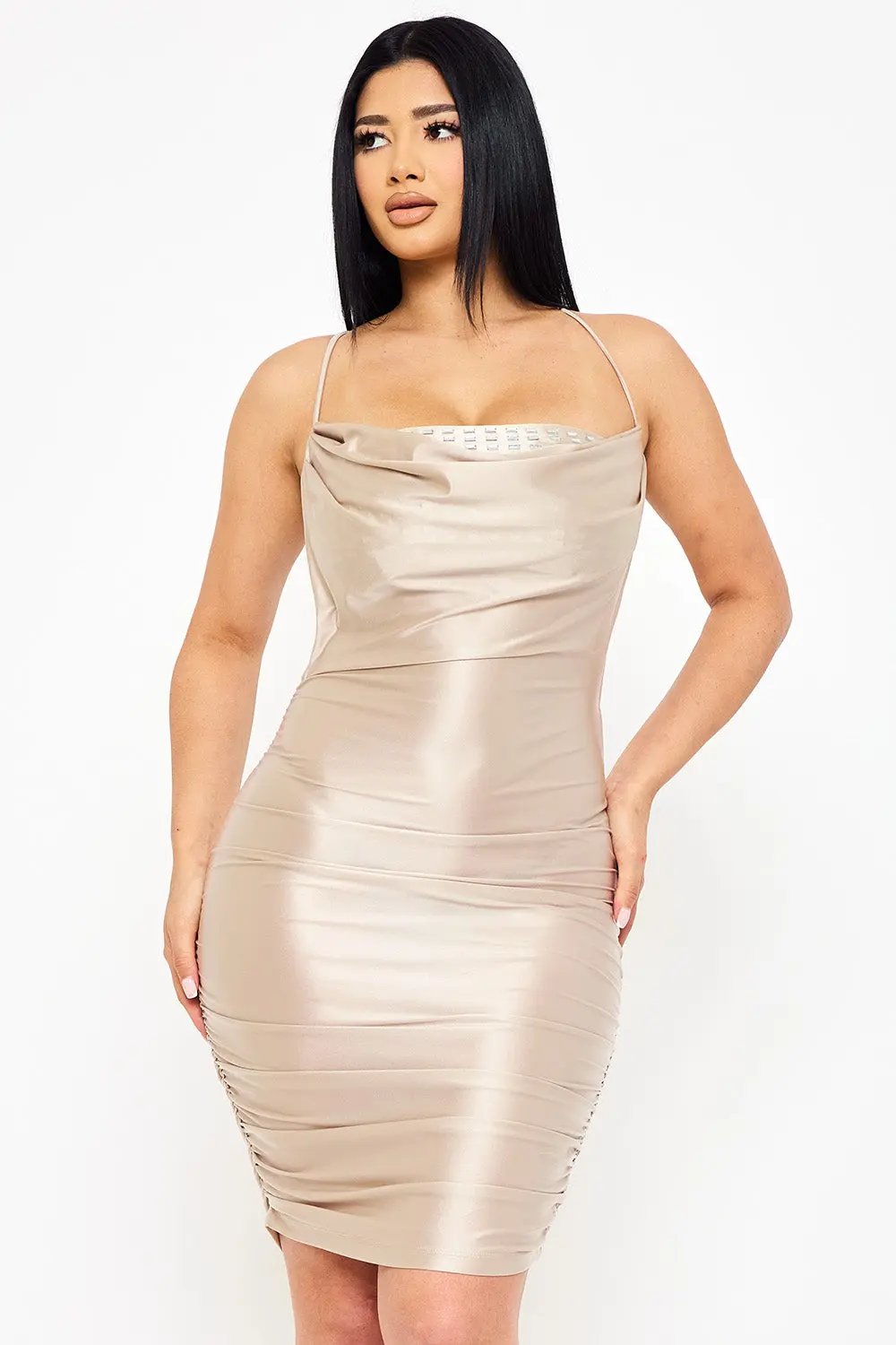 Pearl Satin Mini Dress – Adjustable Strap & Criss-Cross Back Detail BOUTINIE