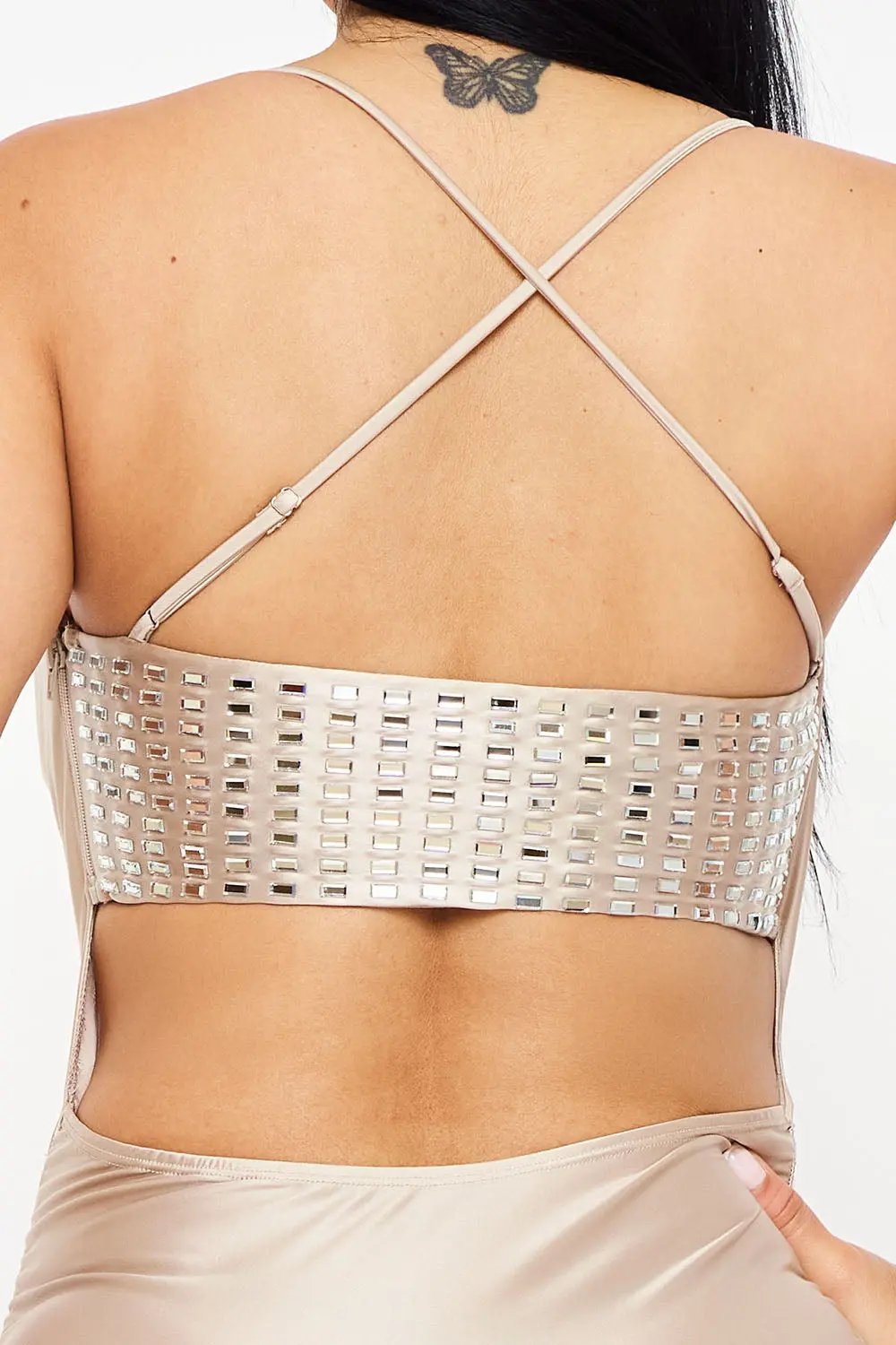 Pearl Satin Mini Dress – Adjustable Strap & Criss-Cross Back Detail BOUTINIE