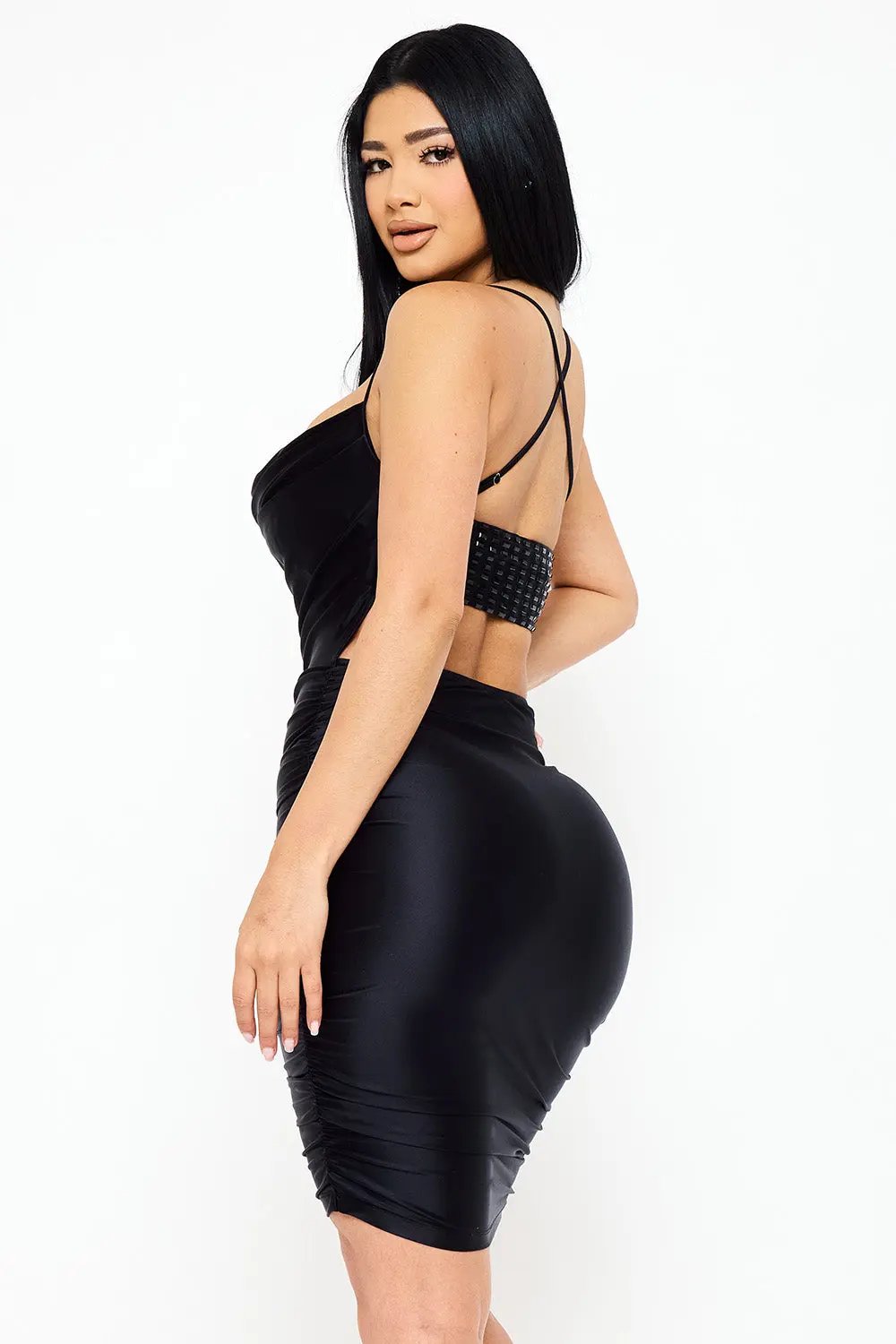 Pearl Satin Mini Dress – Adjustable Strap & Criss-Cross Back Detail BOUTINIE