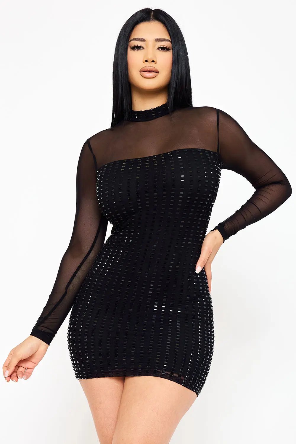 Mesh Mini Dress – Power Mesh Rhinestone Sheer Panel Turtleneck BOUTINIE