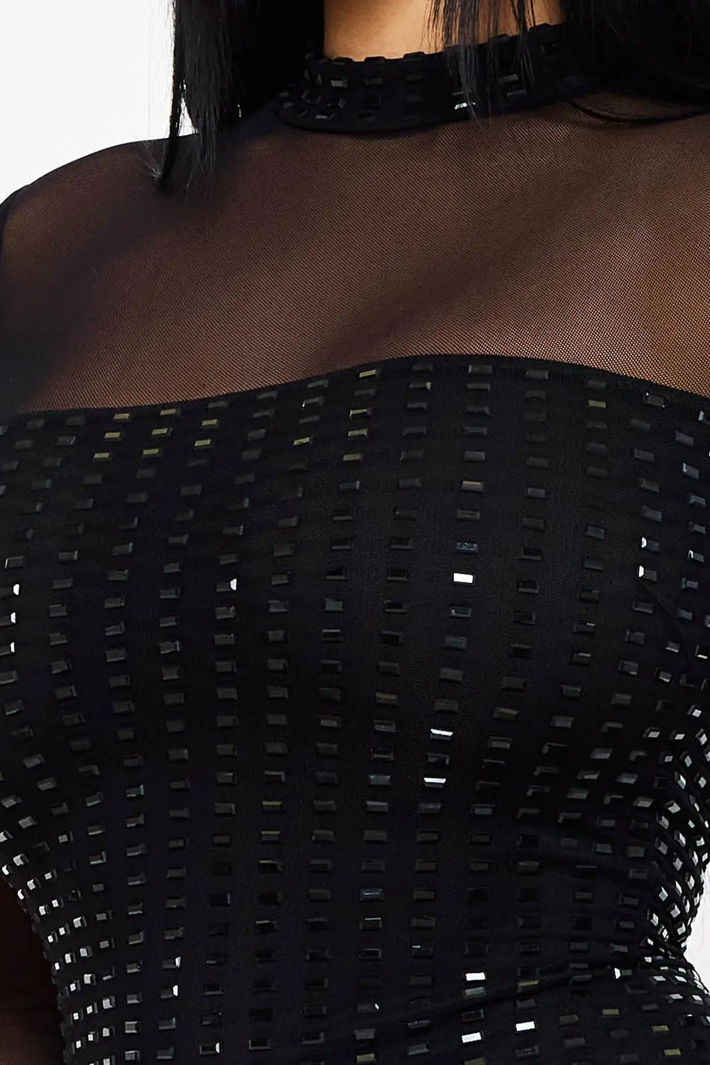 Mesh Mini Dress – Power Mesh Rhinestone Sheer Panel Turtleneck BOUTINIE