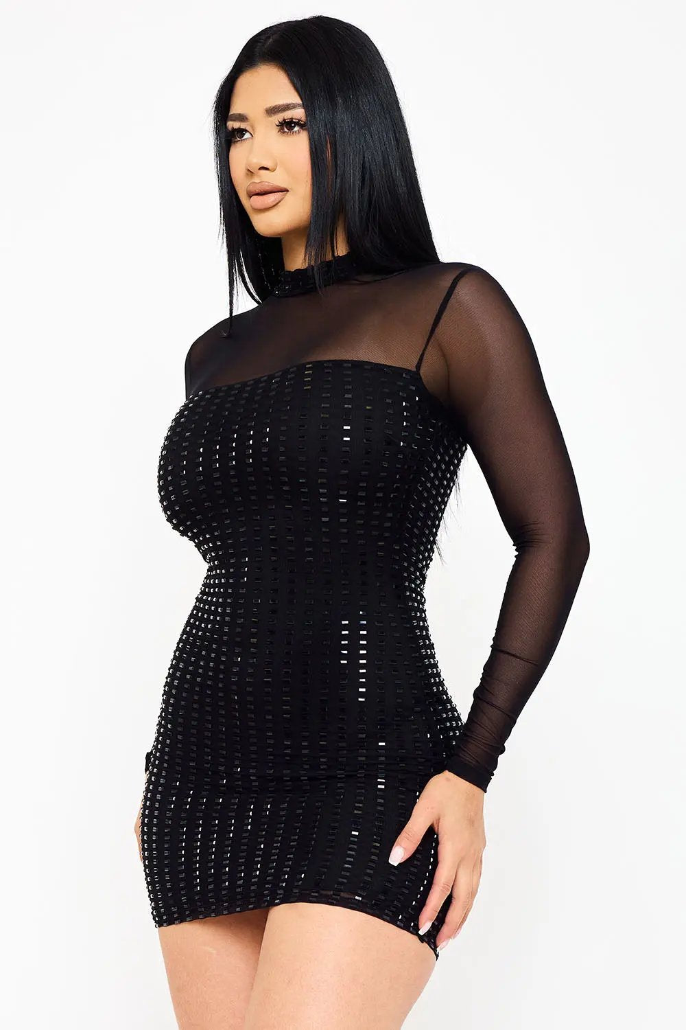 Mesh Mini Dress – Power Mesh Rhinestone Sheer Panel Turtleneck BOUTINIE